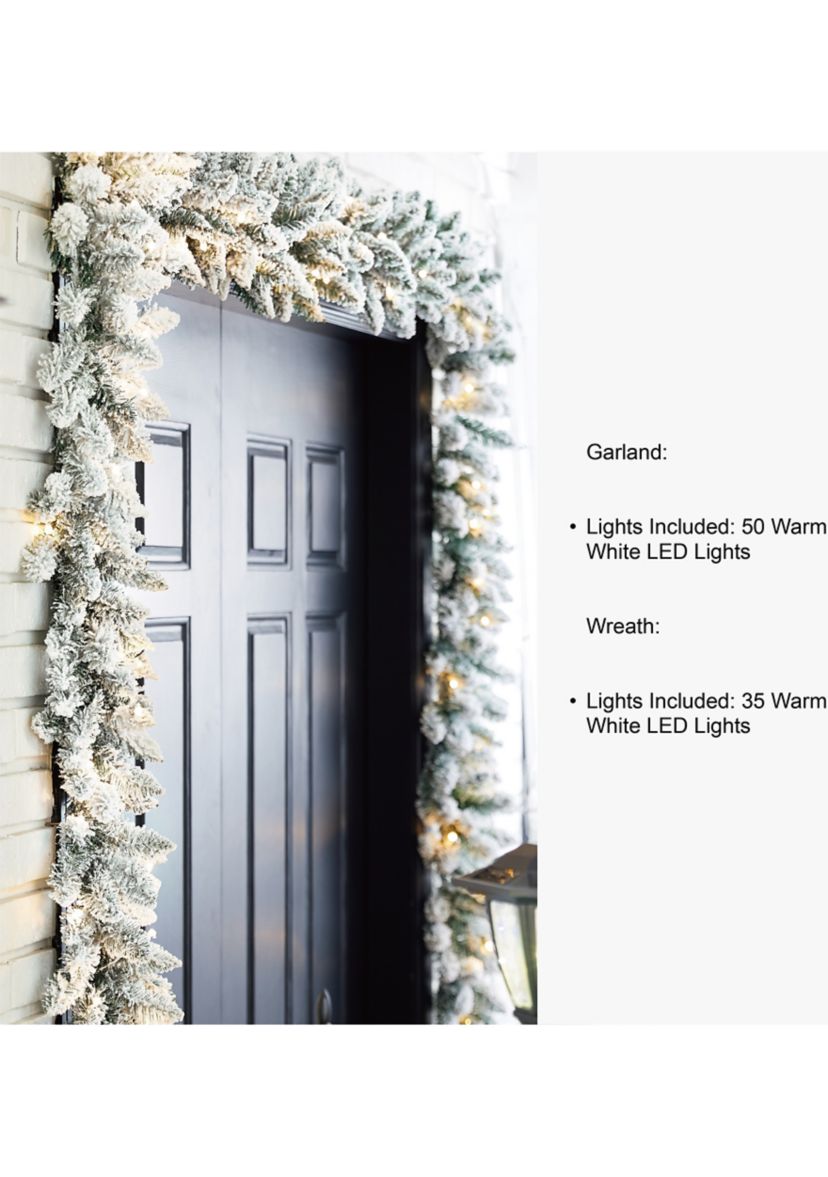 Pre-Lit Snow Flocked Christmas Wreath and Matched 2 Pack Garland Set