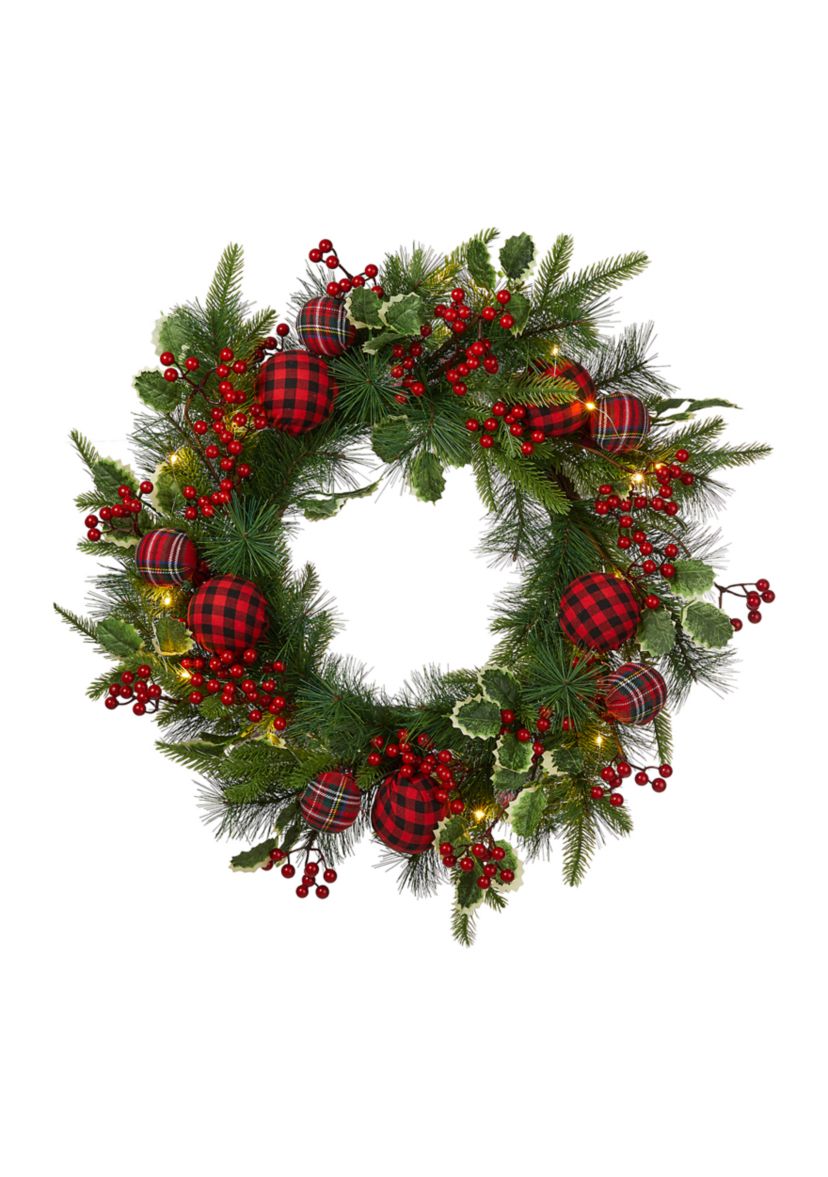 Orment Berry Holly Pine Wreath With Lights
