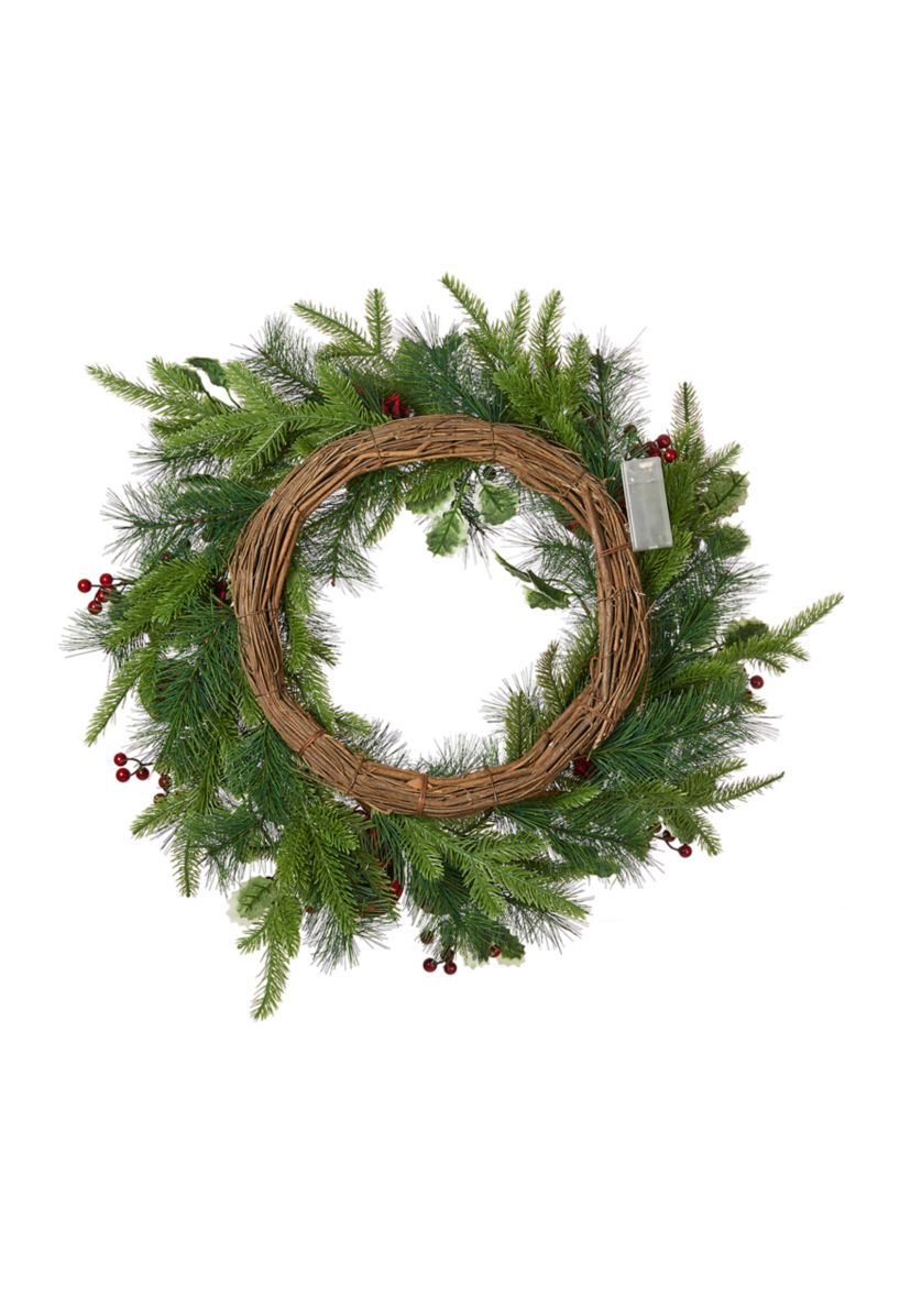 Orment Berry Holly Pine Wreath With Lights