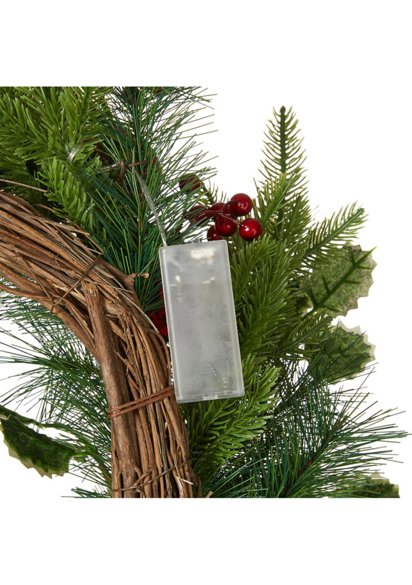 Orment Berry Holly Pine Wreath With Lights