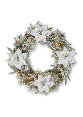 Glitzhome Pre-Lit Snow Flocked Greenery Pine Poinsettia Christmas Wreath, With 50 Warm White Lights With Timer