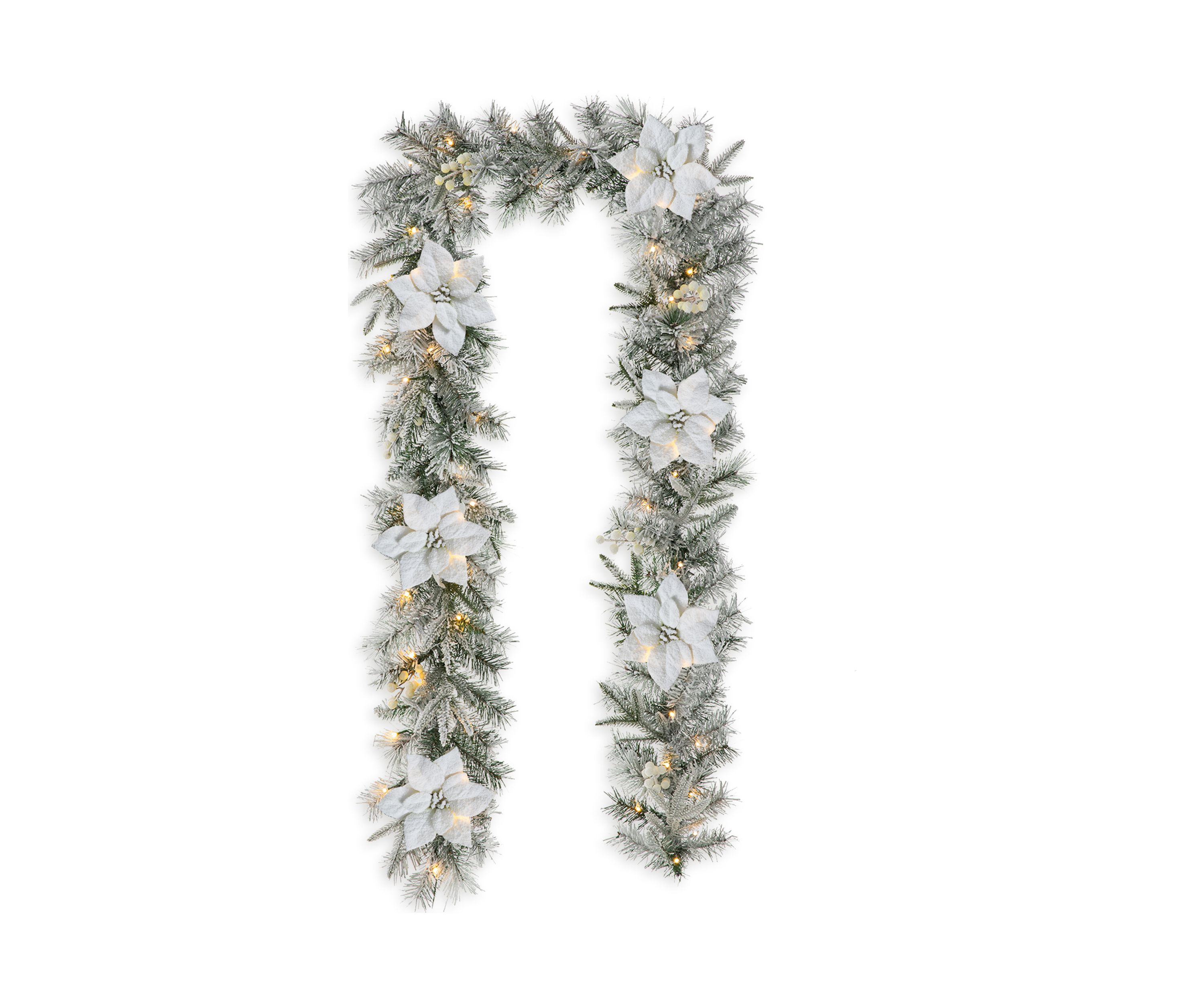 Pre-Lit Snow Flocked Greenery Pine Poinsettia Christmas Garland, with 50 Warm White Lights with Timer
