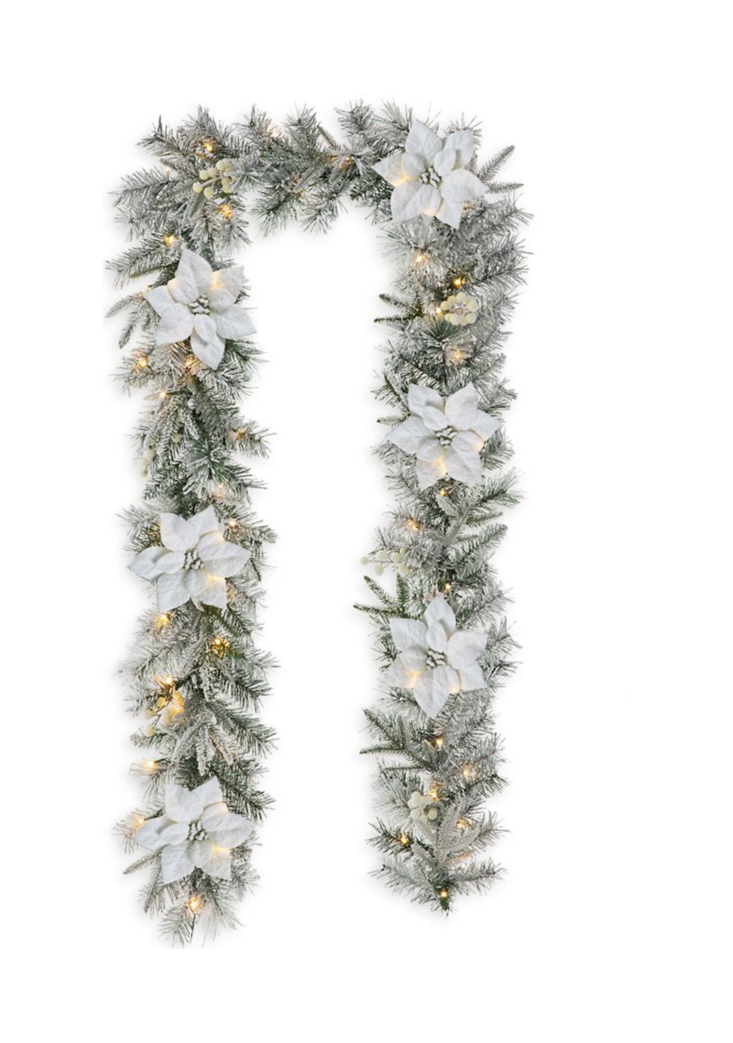 Pre-Lit Snow Flocked Greenery Pine Poinsettia Christmas Garland, with 50 Warm White Lights with Timer