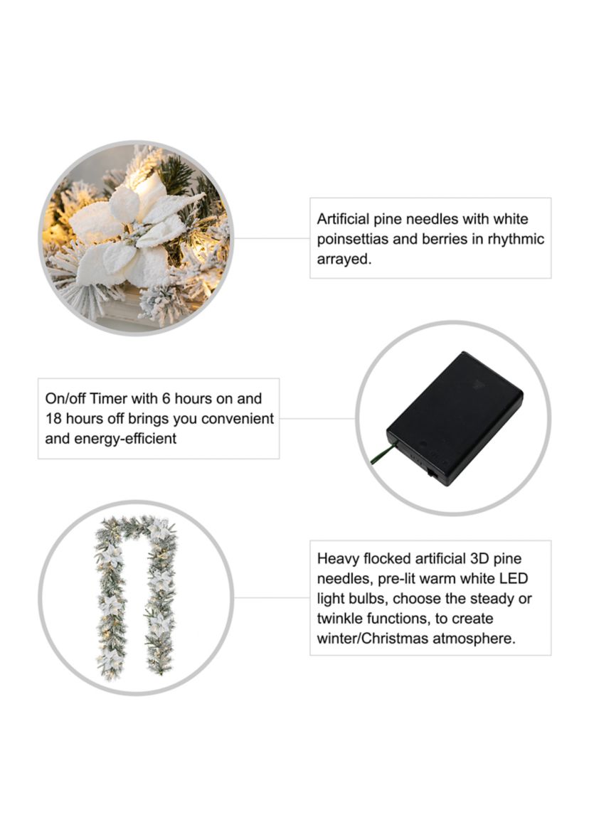 Pre-Lit Snow Flocked Greenery Pine Poinsettia Christmas Garland, with 50 Warm White Lights with Timer