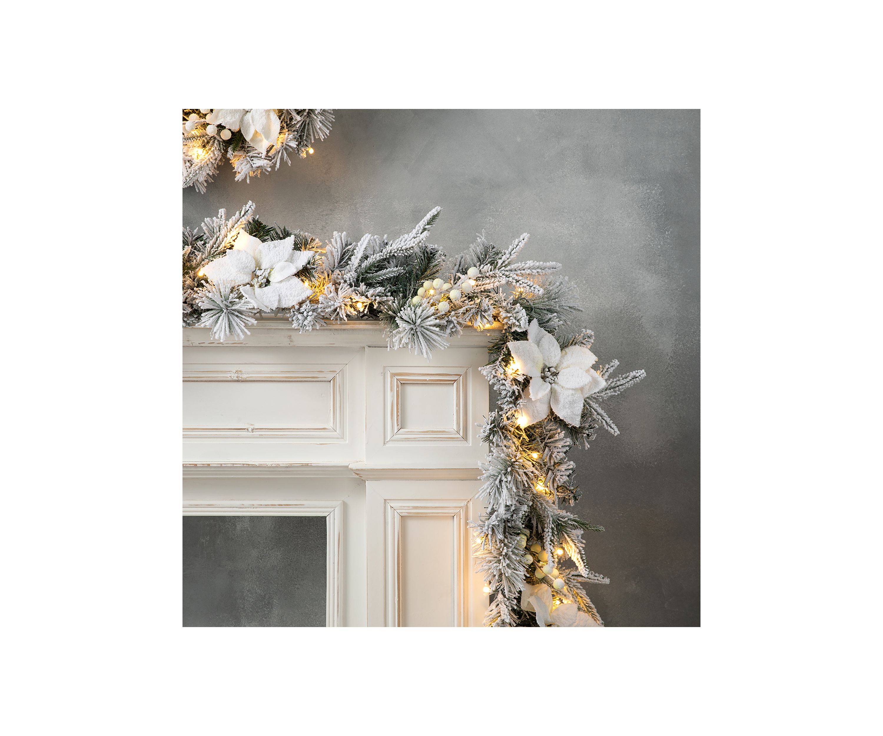 Pre-Lit Snow Flocked Greenery Pine Poinsettia Christmas Garland, with 50 Warm White Lights with Timer