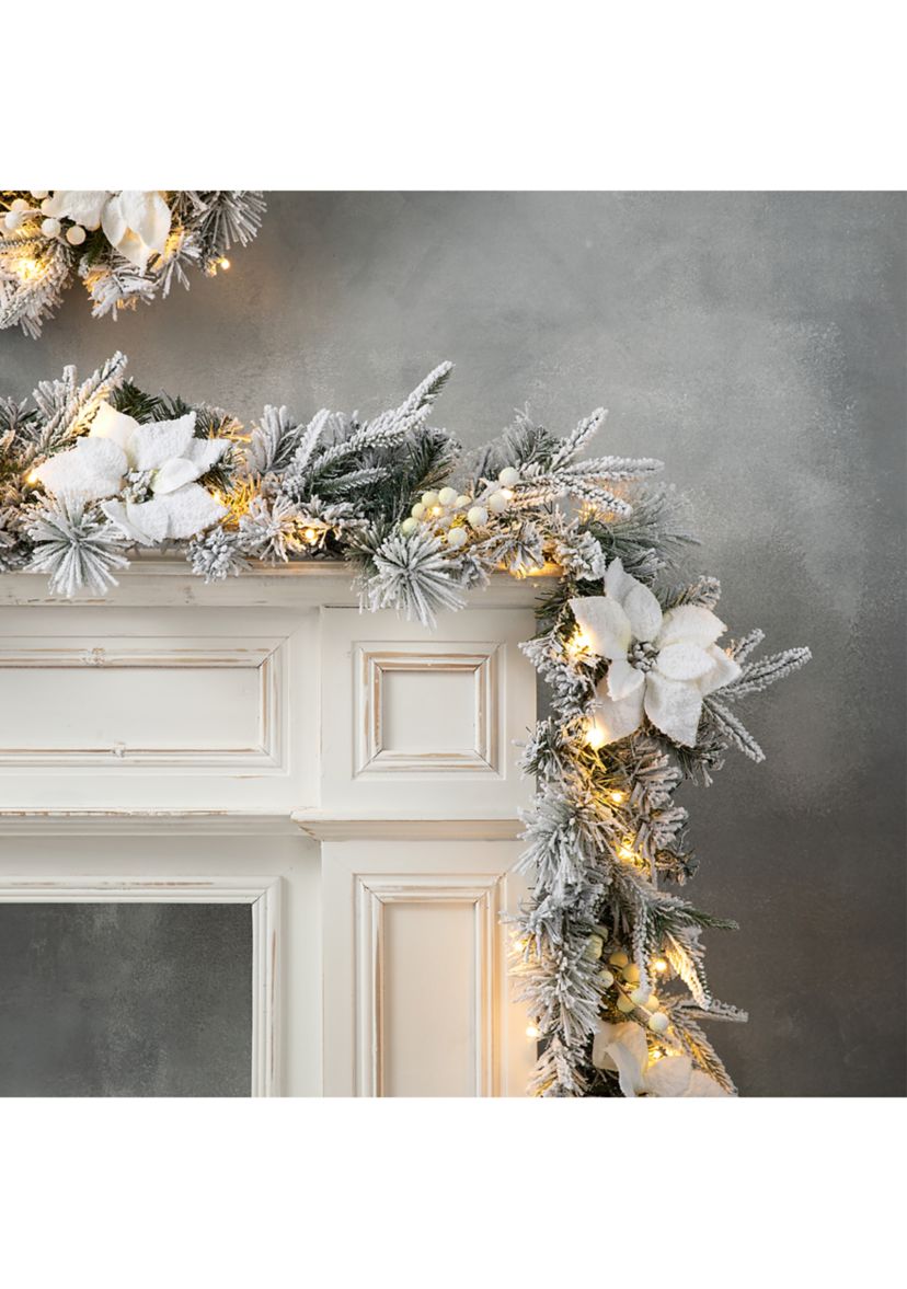 Pre-Lit Snow Flocked Greenery Pine Poinsettia Christmas Garland, with 50 Warm White Lights with Timer