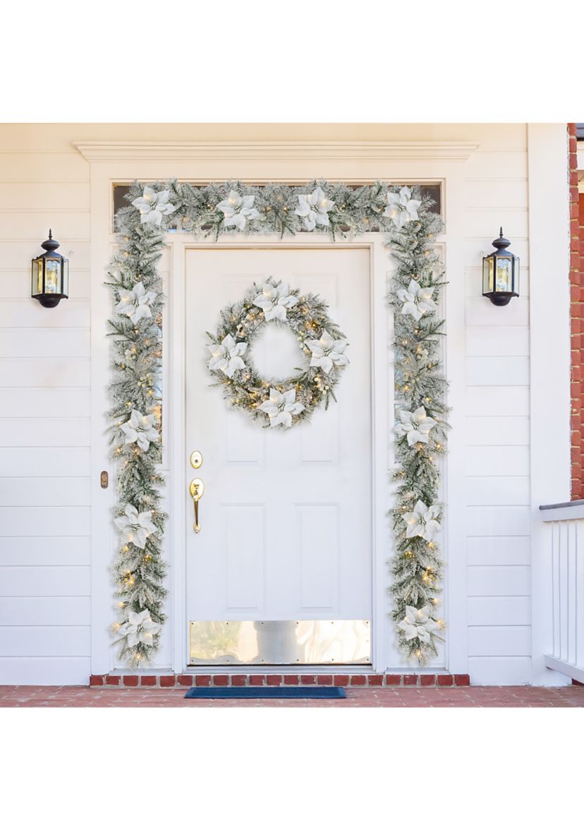Pre-Lit Snow Flocked Greenery Pine Poinsettia Christmas Garland, with 50 Warm White Lights with Timer