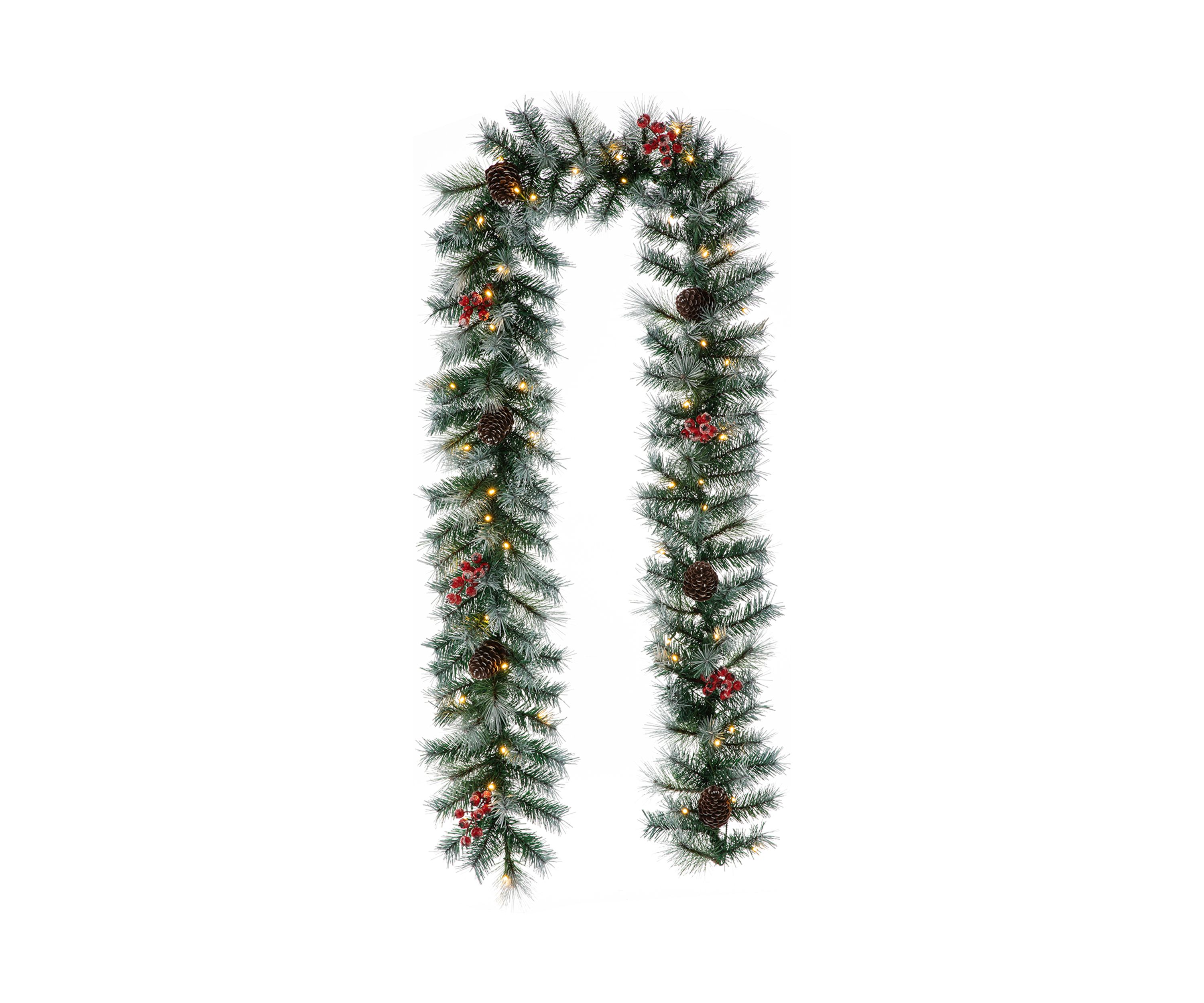 Pre-Lit Greenery Pine Cones and  Red Berries Christmas Garland, with 50 Warm White Lights with Timer