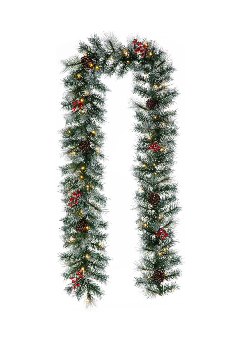 Pre-Lit Greenery Pine Cones and  Red Berries Christmas Garland, with 50 Warm White Lights with Timer