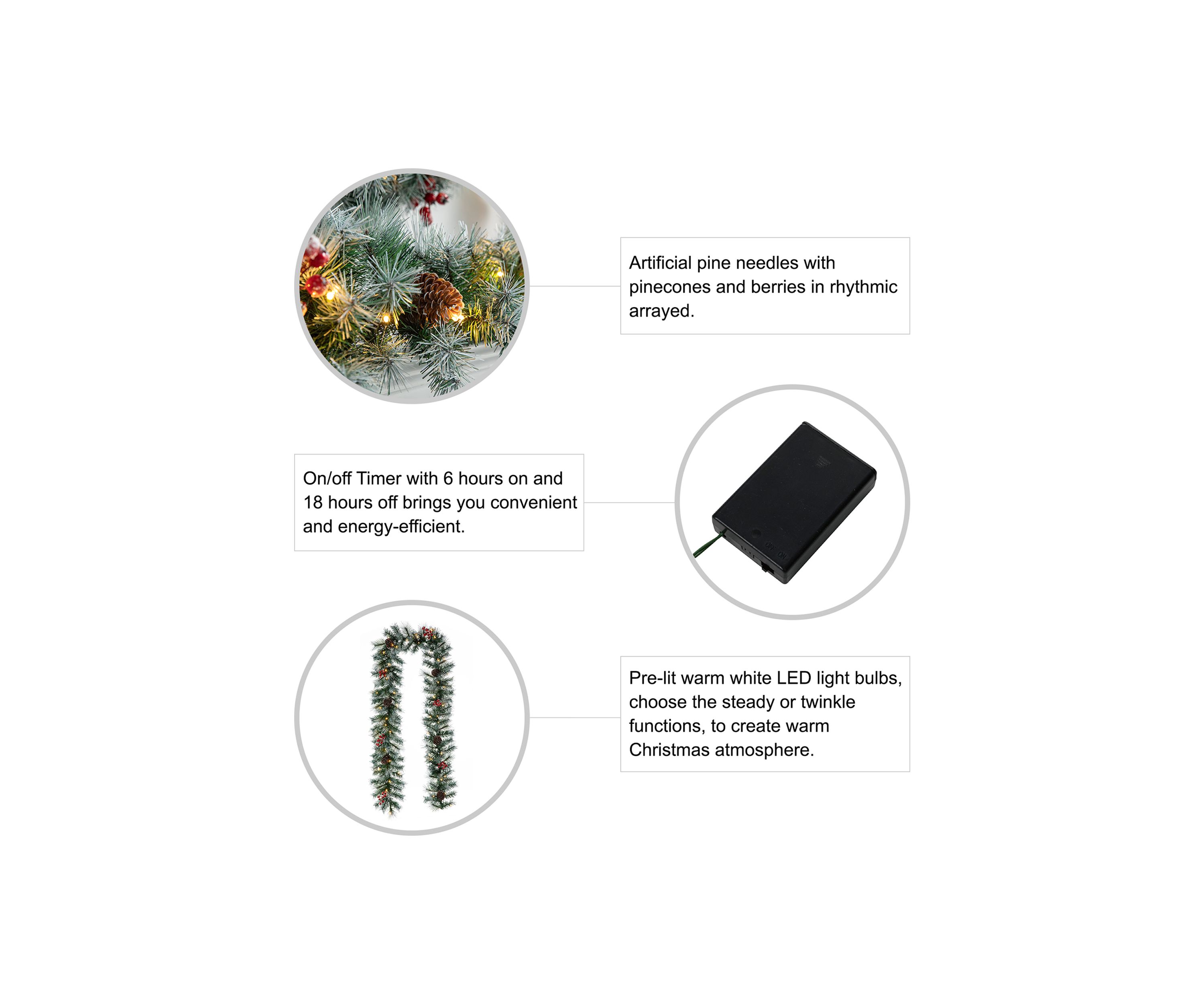 Pre-Lit Greenery Pine Cones and  Red Berries Christmas Garland, with 50 Warm White Lights with Timer