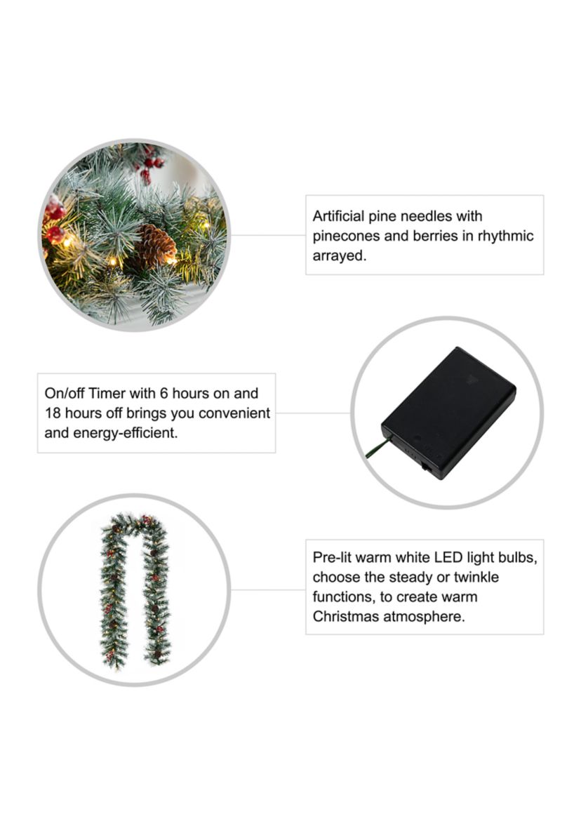 Pre-Lit Greenery Pine Cones and  Red Berries Christmas Garland, with 50 Warm White Lights with Timer