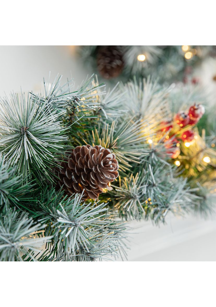 Pre-Lit Greenery Pine Cones and  Red Berries Christmas Garland, with 50 Warm White Lights with Timer