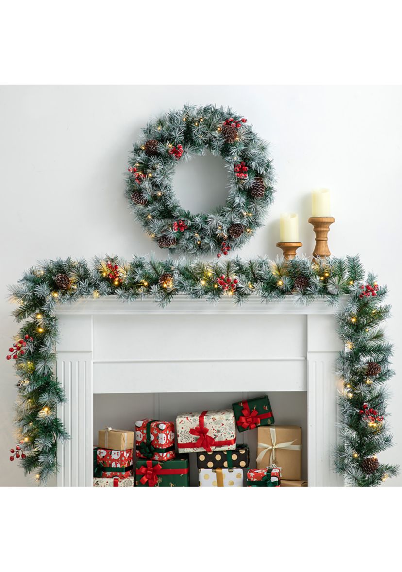 Pre-Lit Greenery Pine Cones and  Red Berries Christmas Garland, with 50 Warm White Lights with Timer