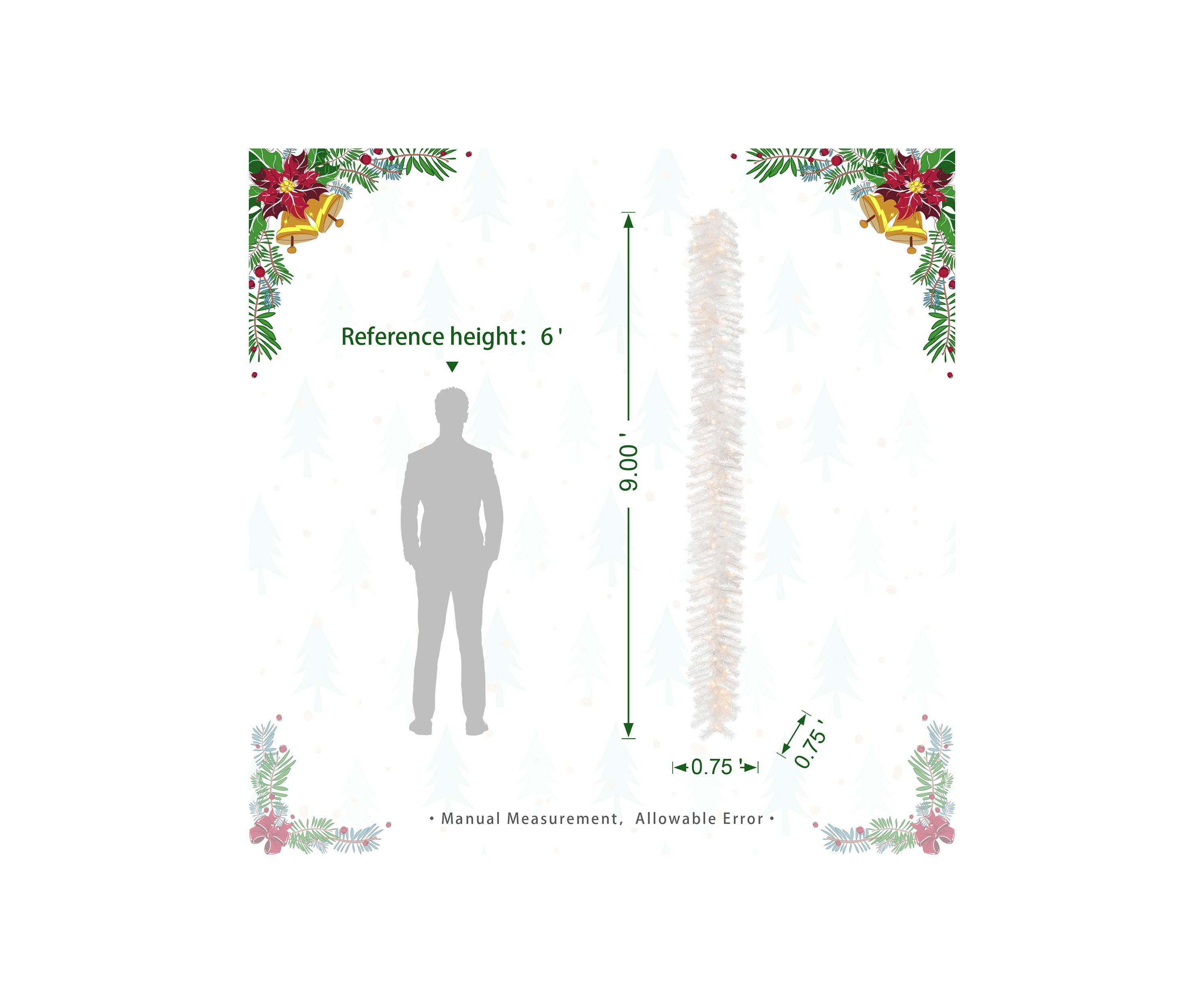 9-foot Pre-Lit White Pine Christmas Garland, with 50 Warm White LED Lights and Timer