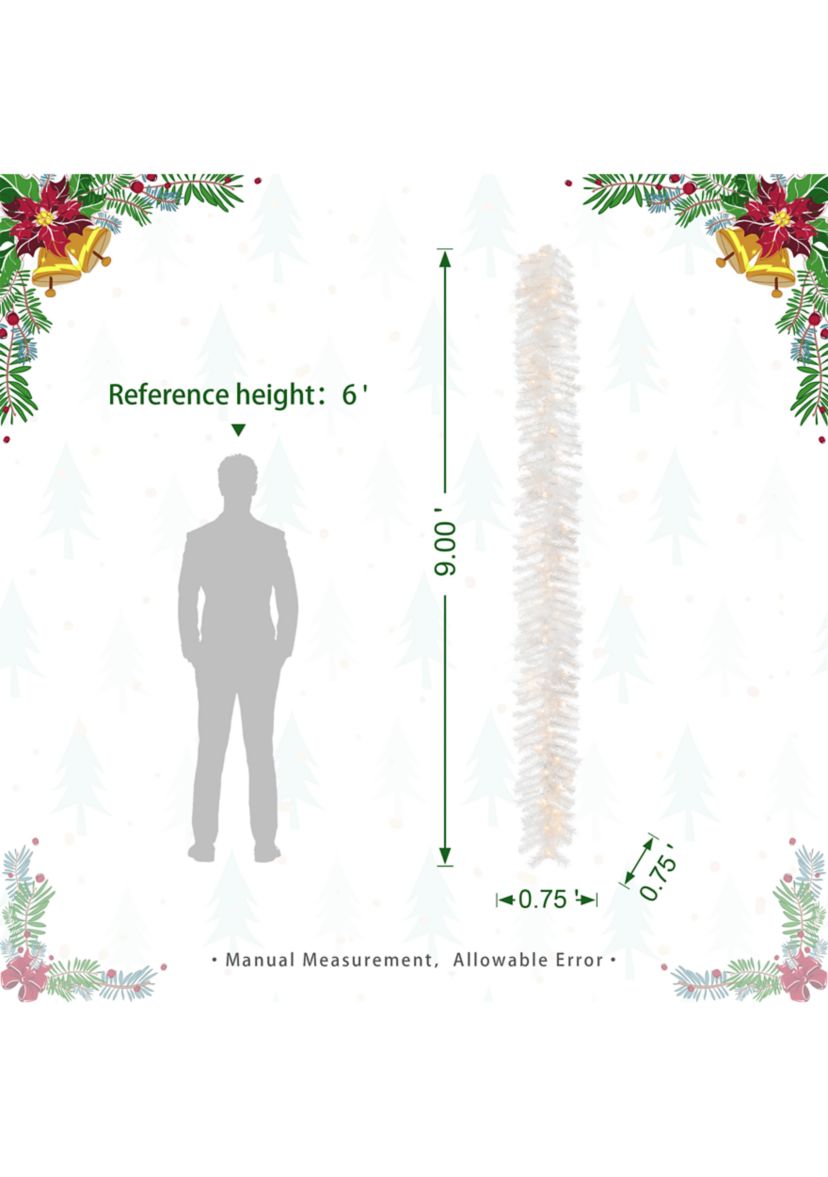 9-foot Pre-Lit White Pine Christmas Garland, with 50 Warm White LED Lights and Timer