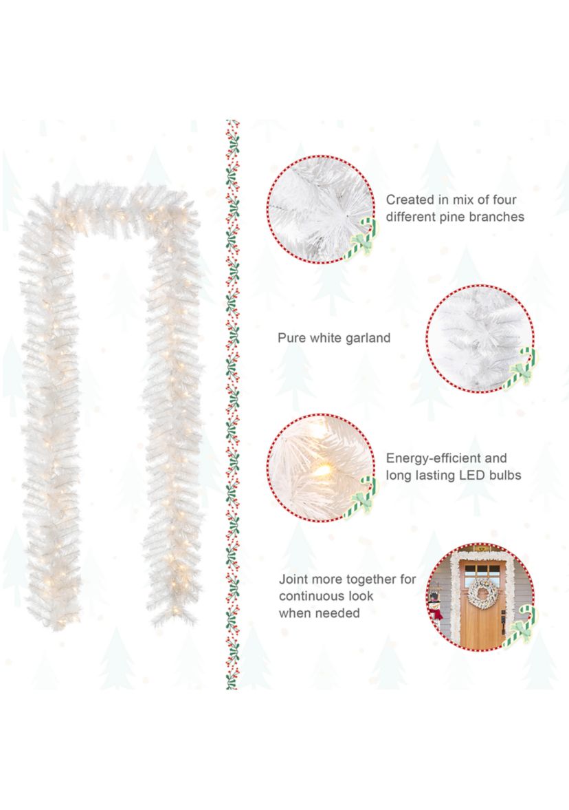 9-foot Pre-Lit White Pine Christmas Garland, with 50 Warm White LED Lights and Timer