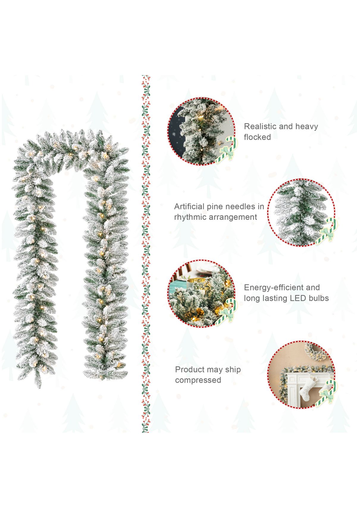 2pk 6-foot Pre-Lit Snow Flocked Christmas Garland, with 35 Warm White LED Lights and Timer