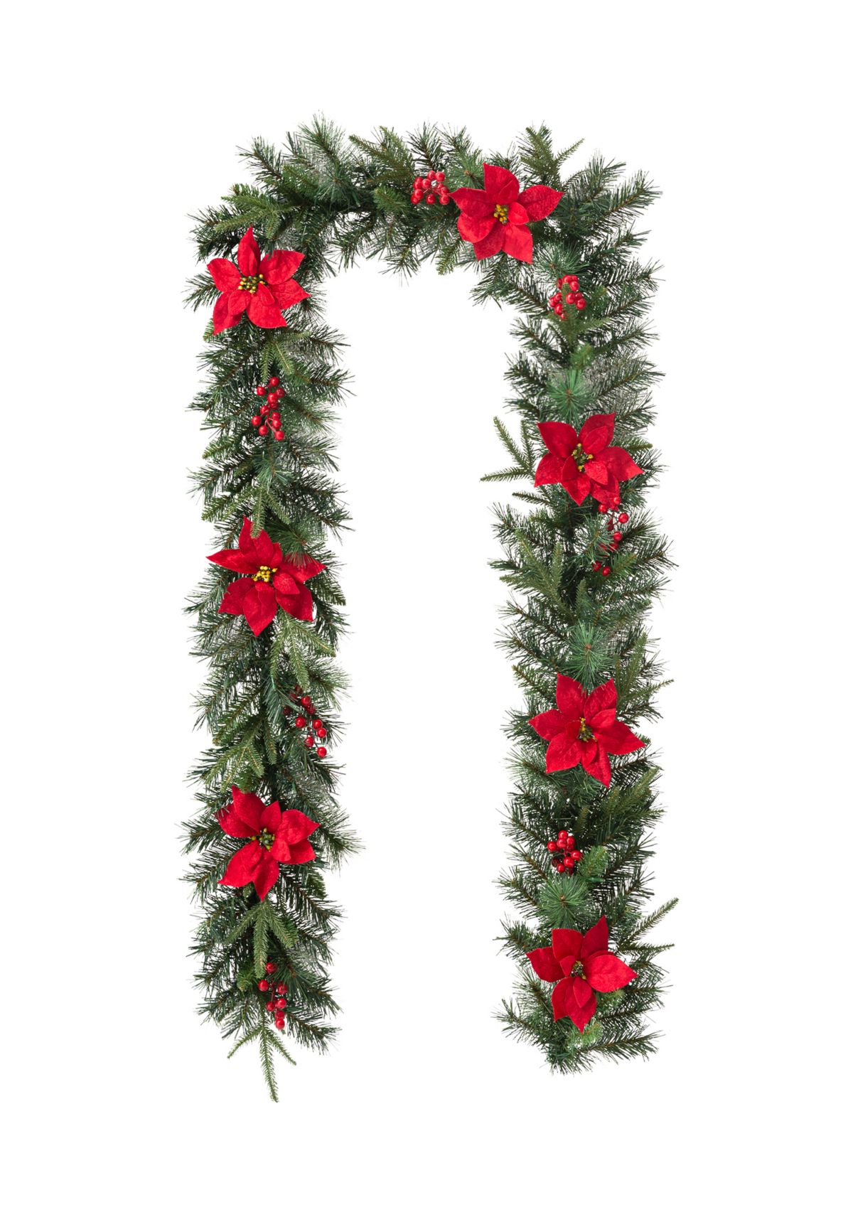 9-foot Pre-Lit Greenery Pine Poinsettia and Red Berries Christmas Garland, with 70 Warm White Lights and Timer