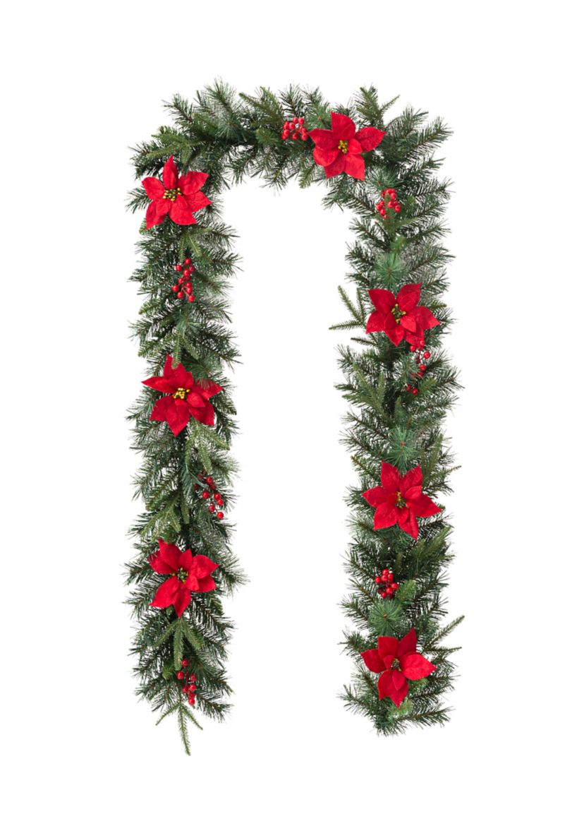 9-foot Pre-Lit Greenery Pine Poinsettia and Red Berries Christmas Garland, with 70 Warm White Lights and Timer