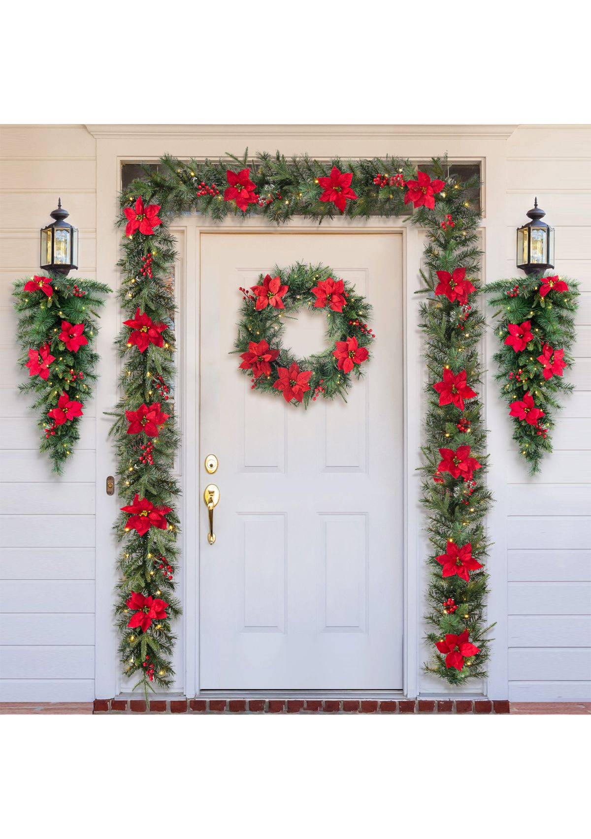 9-foot Pre-Lit Greenery Pine Poinsettia and Red Berries Christmas Garland, with 70 Warm White Lights and Timer