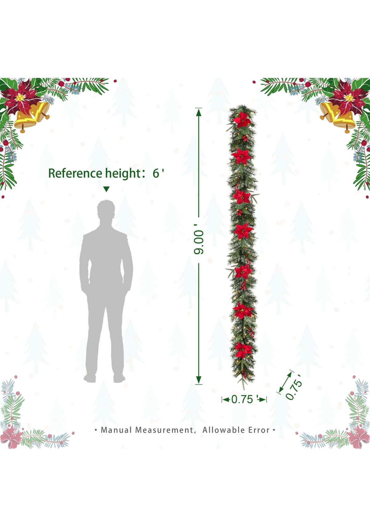 9-foot Pre-Lit Greenery Pine Poinsettia and Red Berries Christmas Garland, with 70 Warm White Lights and Timer