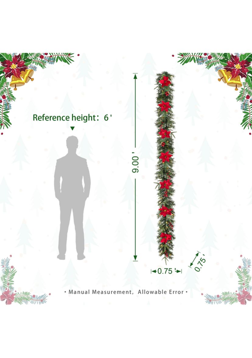 9-foot Pre-Lit Greenery Pine Poinsettia and Red Berries Christmas Garland, with 70 Warm White Lights and Timer