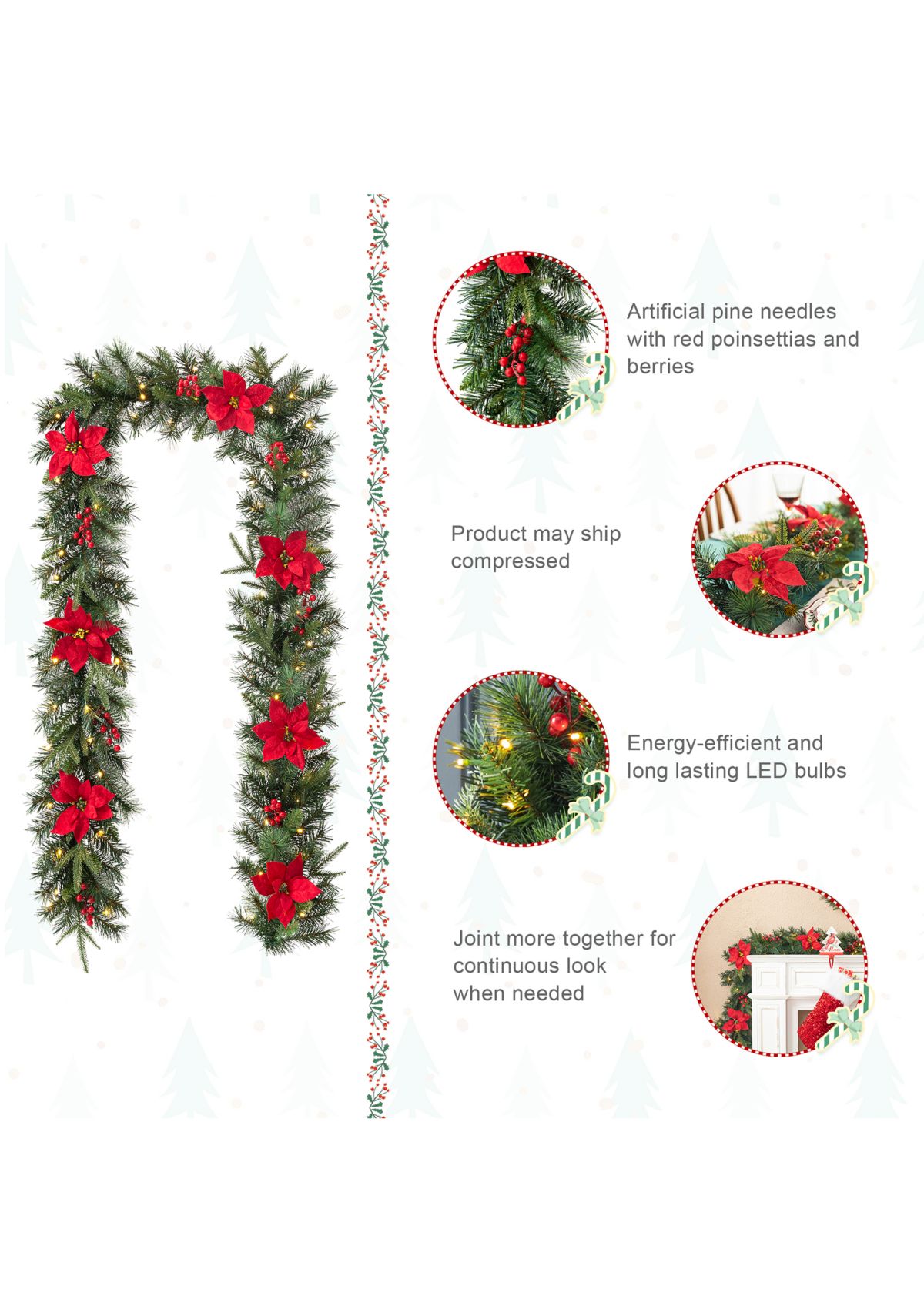 9-foot Pre-Lit Greenery Pine Poinsettia and Red Berries Christmas Garland, with 70 Warm White Lights and Timer