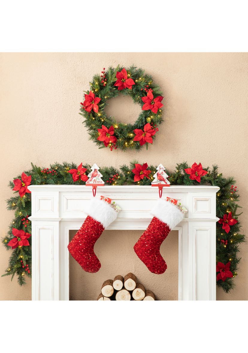 9-foot Pre-Lit Greenery Pine Poinsettia and Red Berries Christmas Garland, with 70 Warm White Lights and Timer