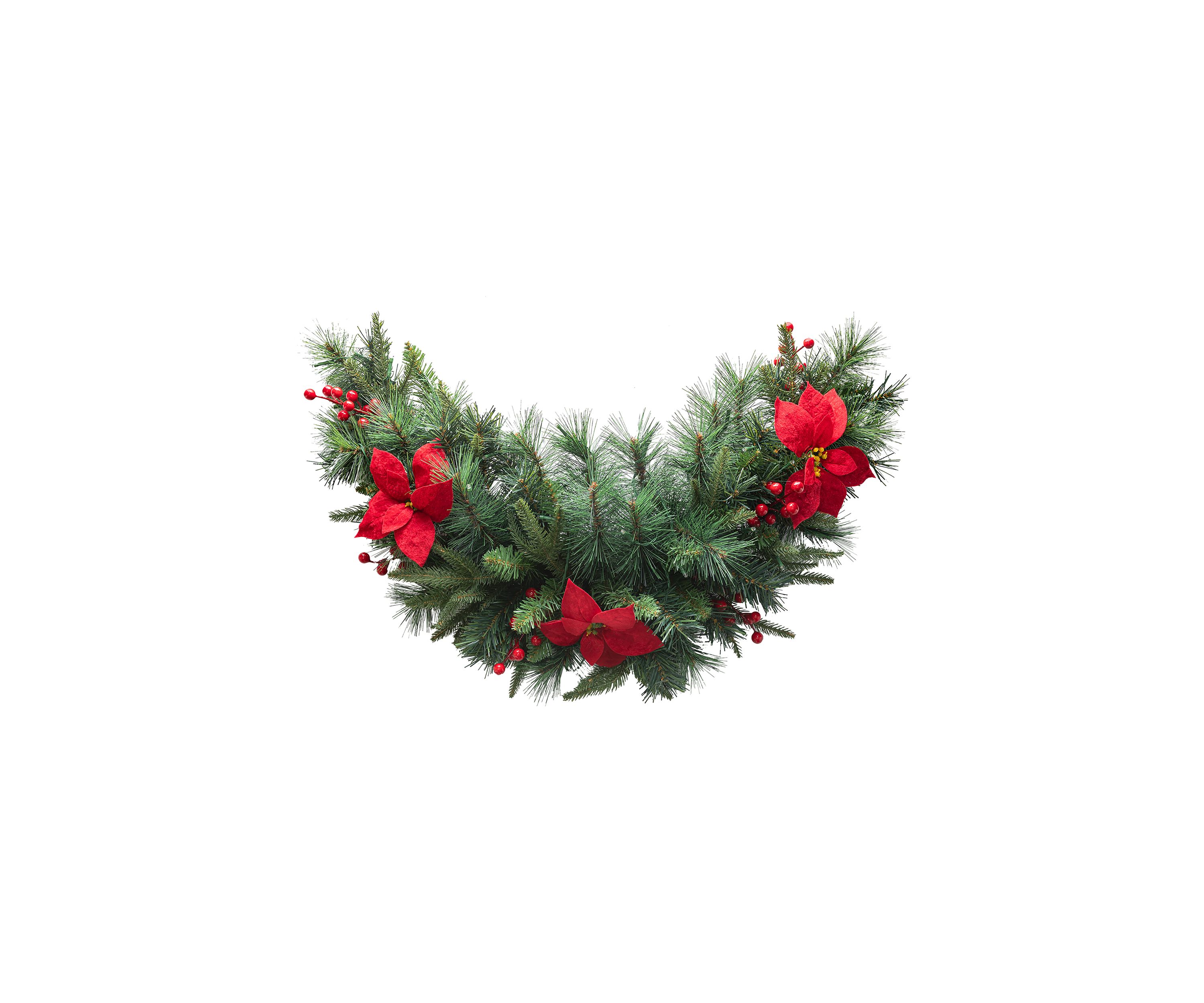3-foot Pre-Lit Greenery Pine Poinsettia and Red Berries Christmas Swag with 50 Warm White Lights and Timer