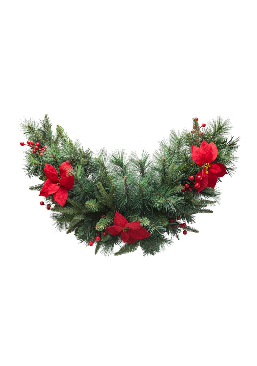 3-foot Pre-Lit Greenery Pine Poinsettia and Red Berries Christmas Swag with 50 Warm White Lights and Timer