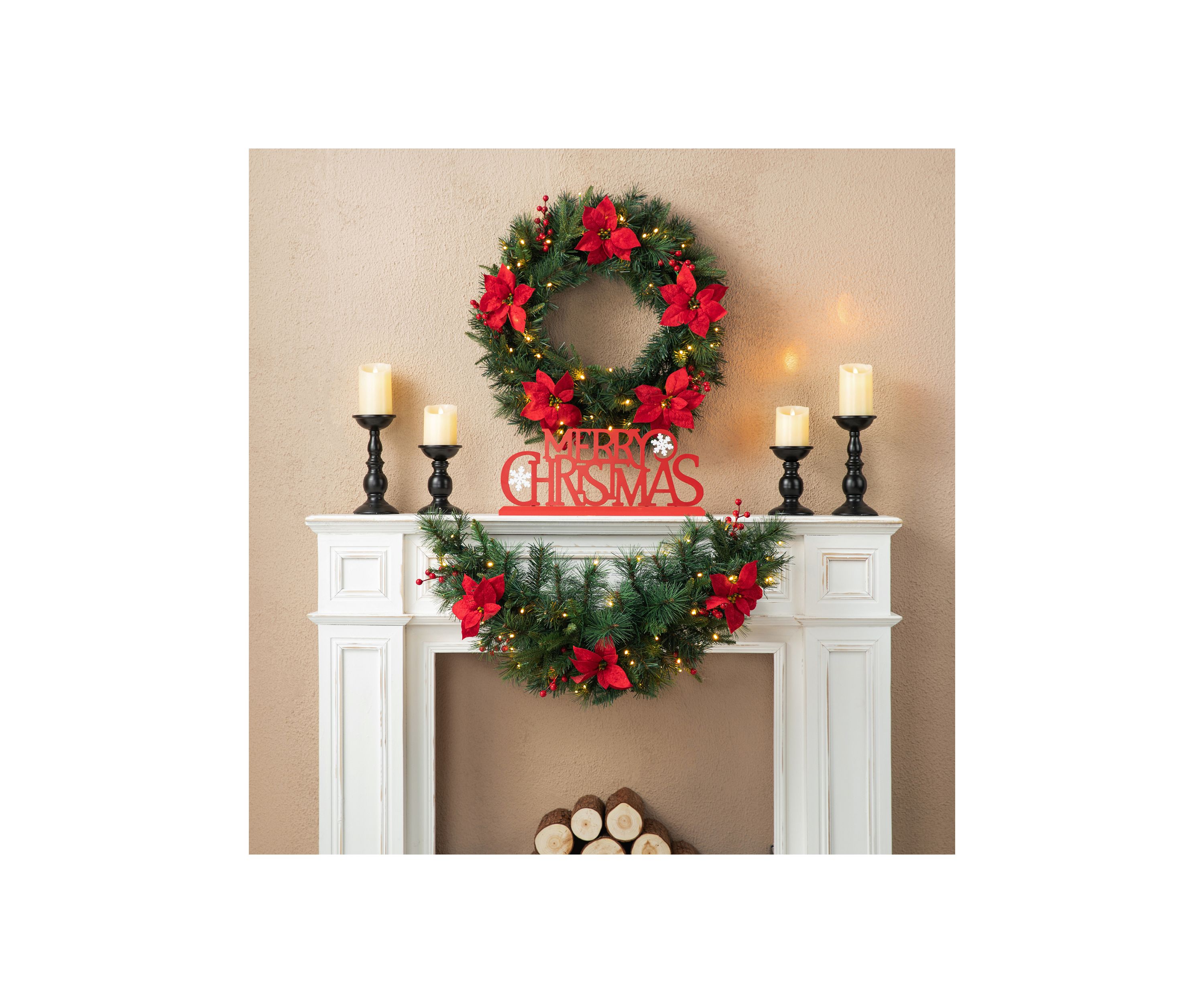 3-foot Pre-Lit Greenery Pine Poinsettia and Red Berries Christmas Swag with 50 Warm White Lights and Timer