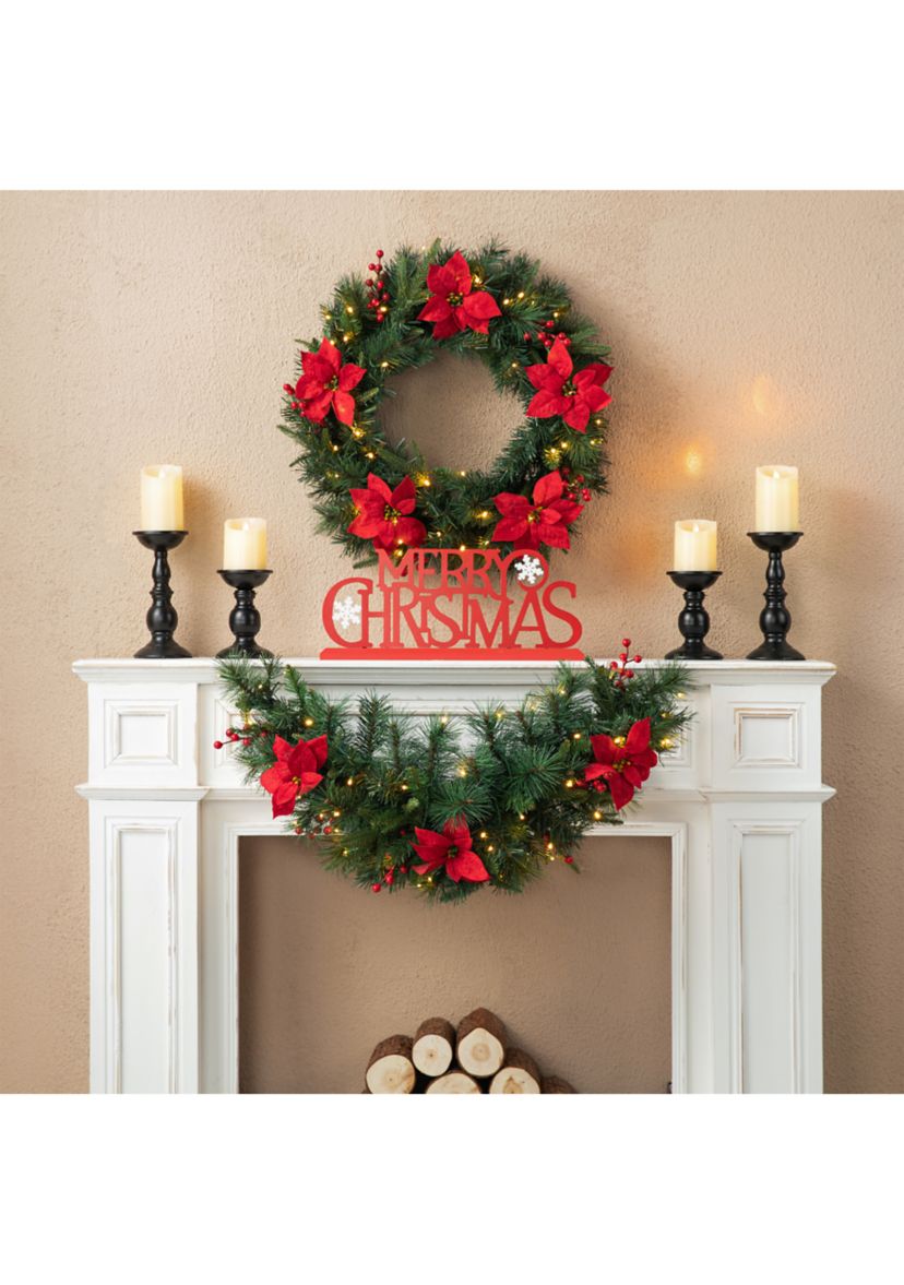 3-foot Pre-Lit Greenery Pine Poinsettia and Red Berries Christmas Swag with 50 Warm White Lights and Timer