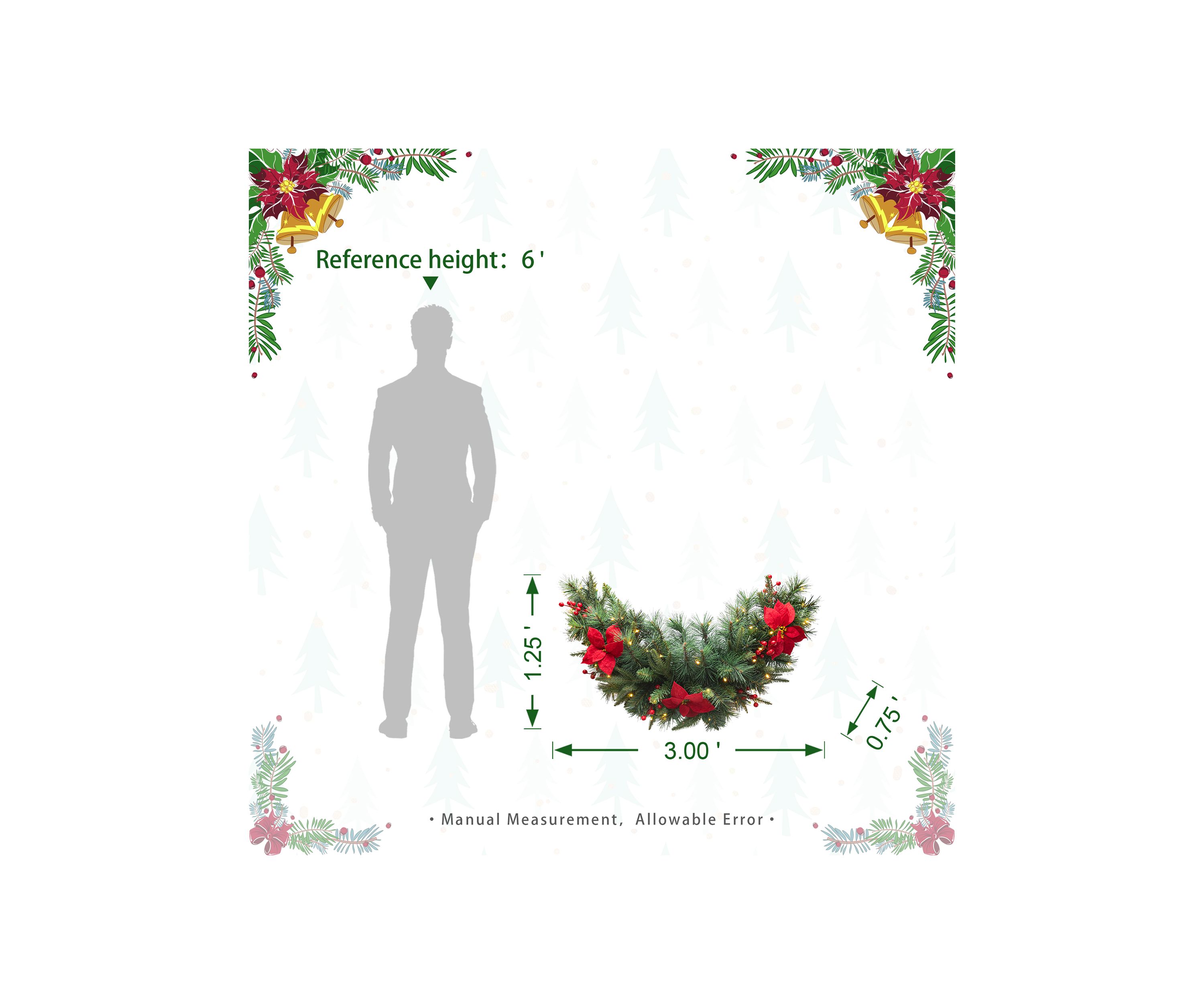 3-foot Pre-Lit Greenery Pine Poinsettia and Red Berries Christmas Swag with 50 Warm White Lights and Timer