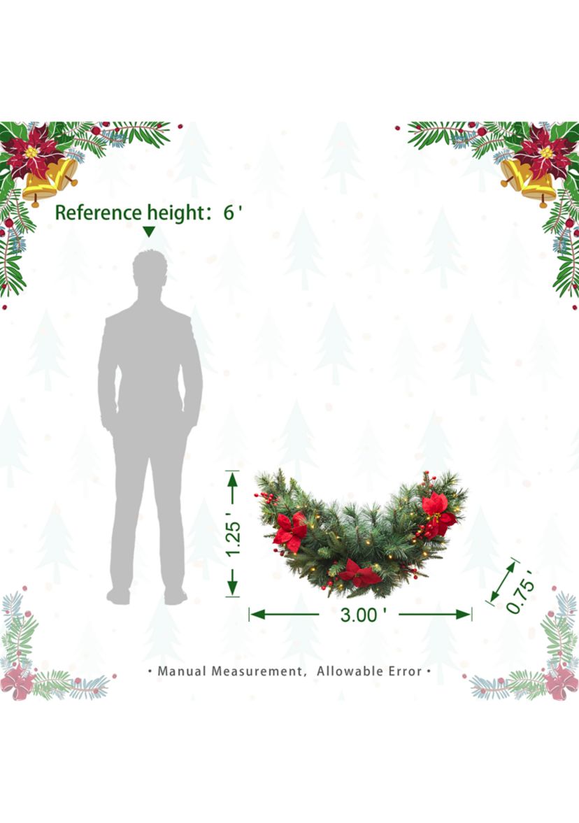 3-foot Pre-Lit Greenery Pine Poinsettia and Red Berries Christmas Swag with 50 Warm White Lights and Timer