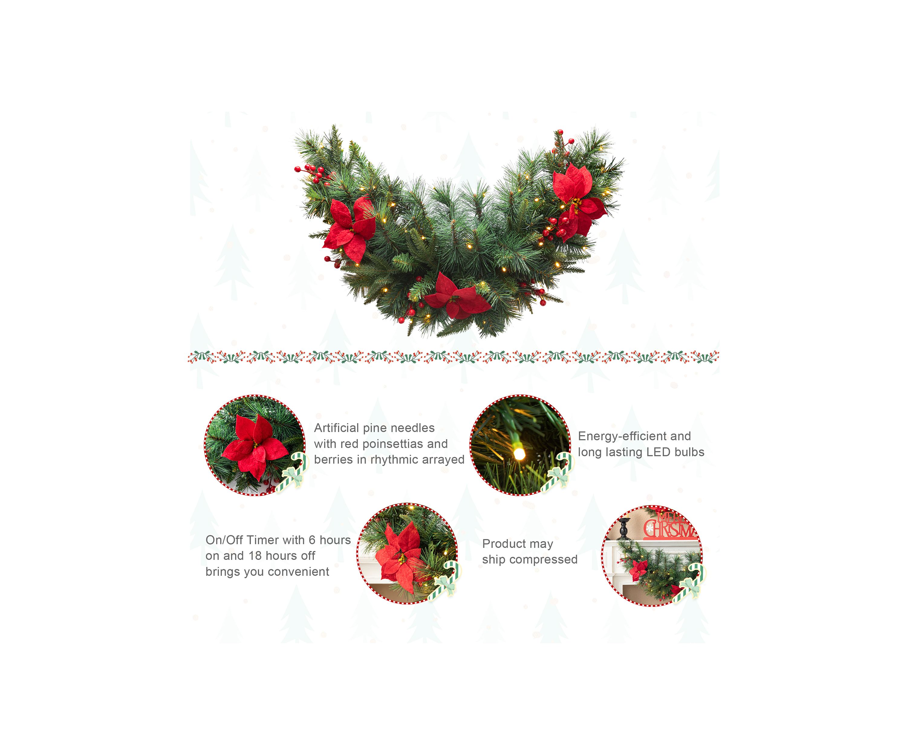 3-foot Pre-Lit Greenery Pine Poinsettia and Red Berries Christmas Swag with 50 Warm White Lights and Timer