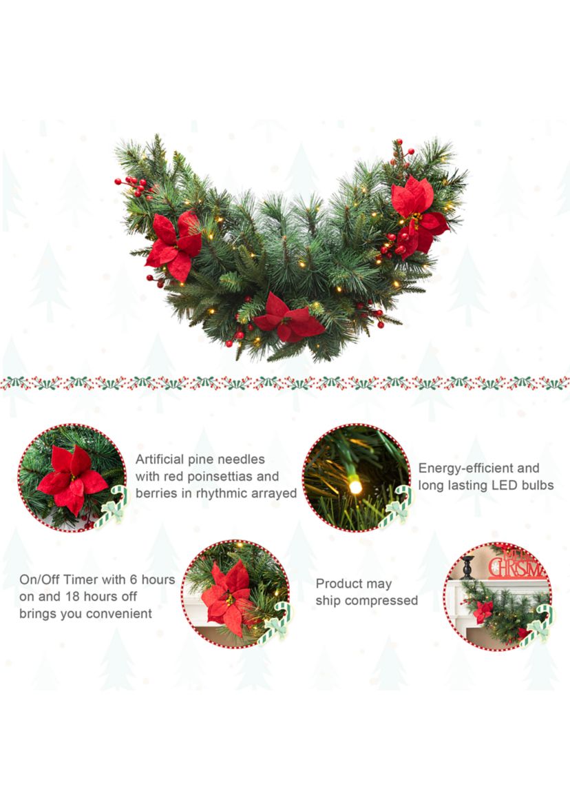 3-foot Pre-Lit Greenery Pine Poinsettia and Red Berries Christmas Swag with 50 Warm White Lights and Timer
