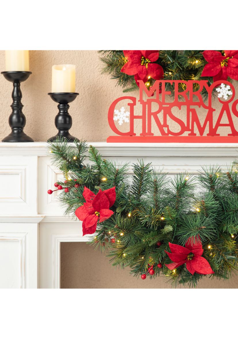3-foot Pre-Lit Greenery Pine Poinsettia and Red Berries Christmas Swag with 50 Warm White Lights and Timer