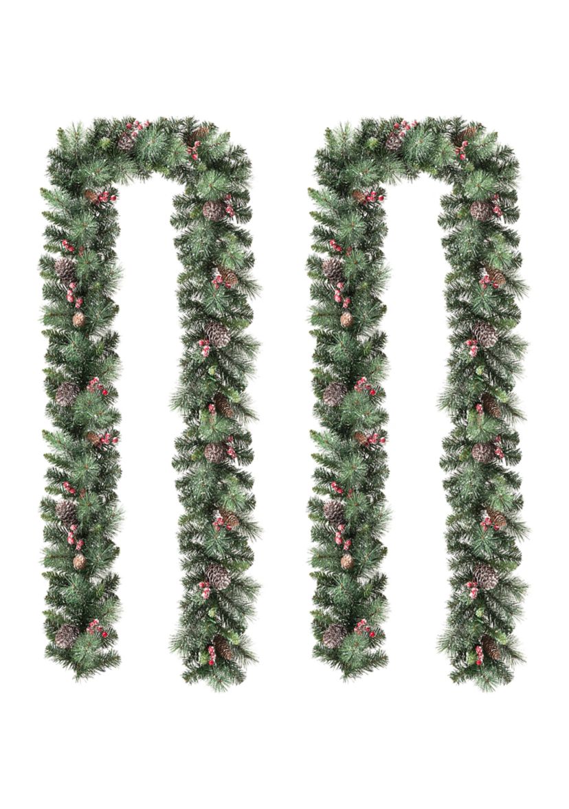 2PK 6-foot Glittered Pinecones and Berries Christmas Garland With 50 Warm White Lights and Timer