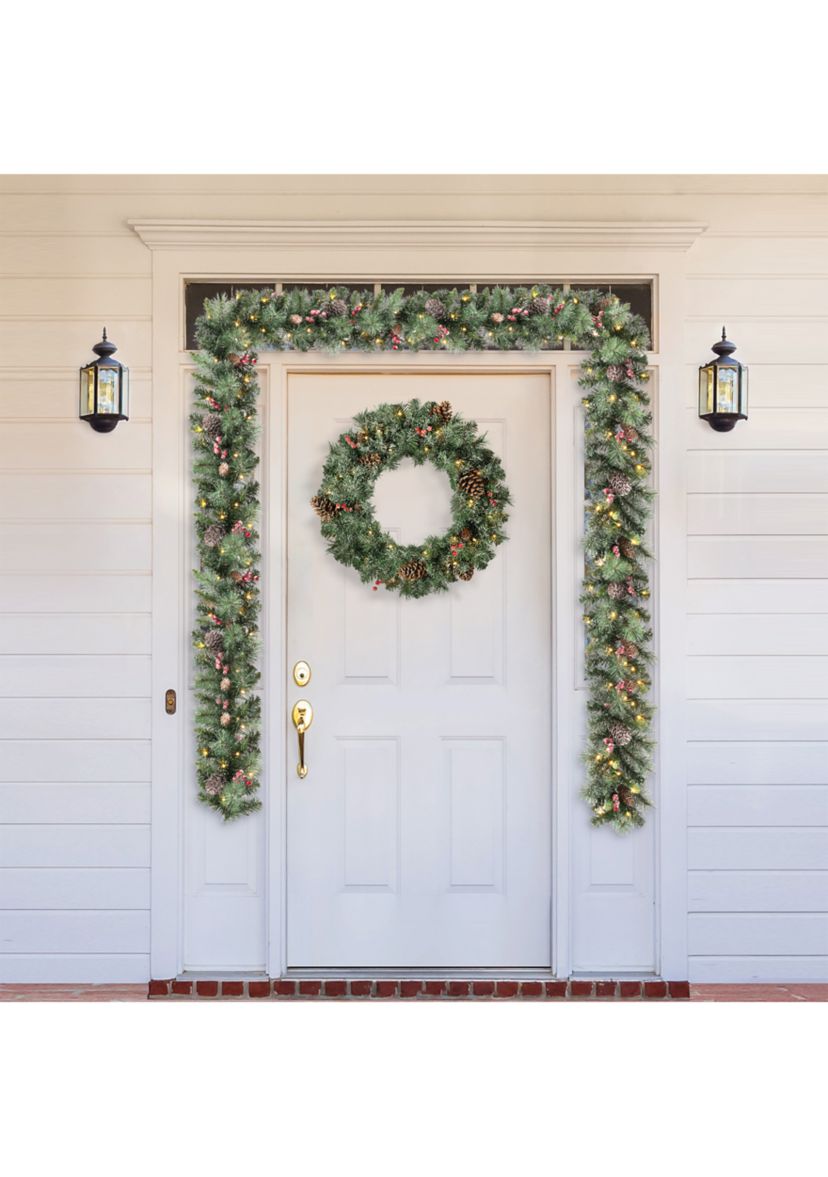 2PK 6-foot Glittered Pinecones and Berries Christmas Garland With 50 Warm White Lights and Timer