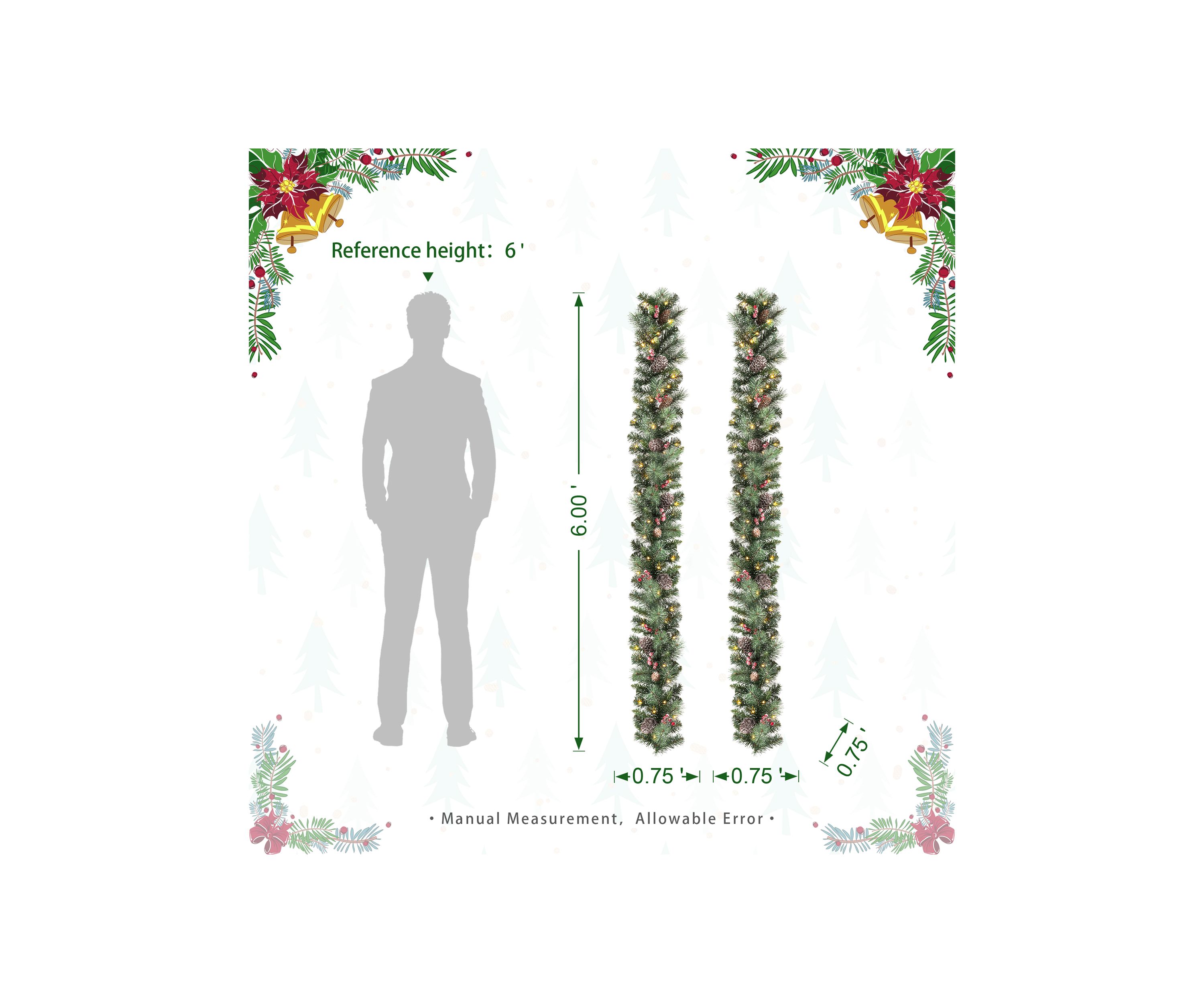 2PK 6-foot Glittered Pinecones and Berries Christmas Garland With 50 Warm White Lights and Timer
