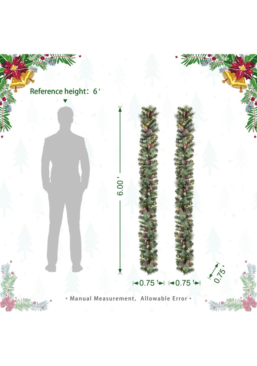 2PK 6-foot Glittered Pinecones and Berries Christmas Garland With 50 Warm White Lights and Timer
