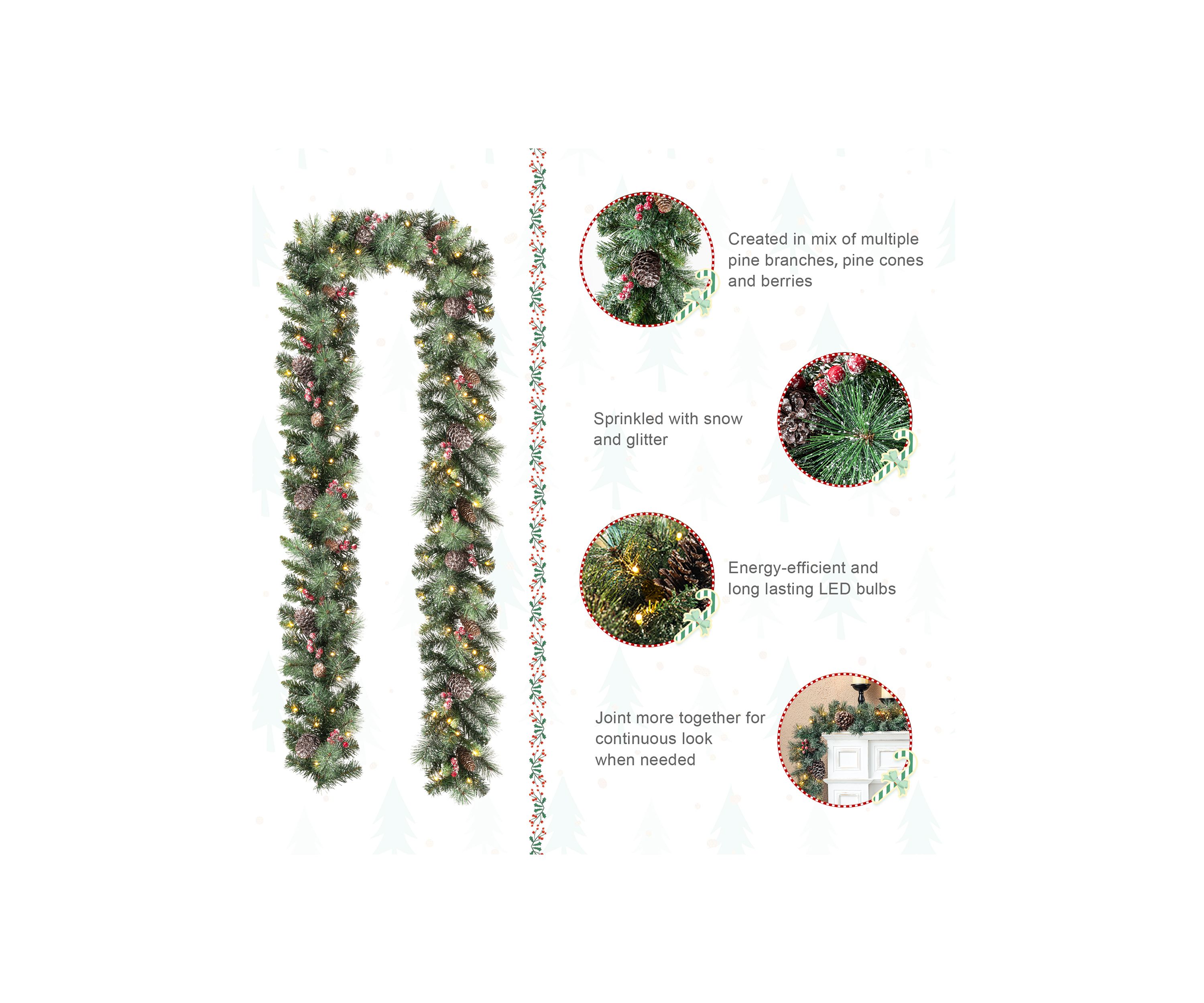 2PK 6-foot Glittered Pinecones and Berries Christmas Garland With 50 Warm White Lights and Timer