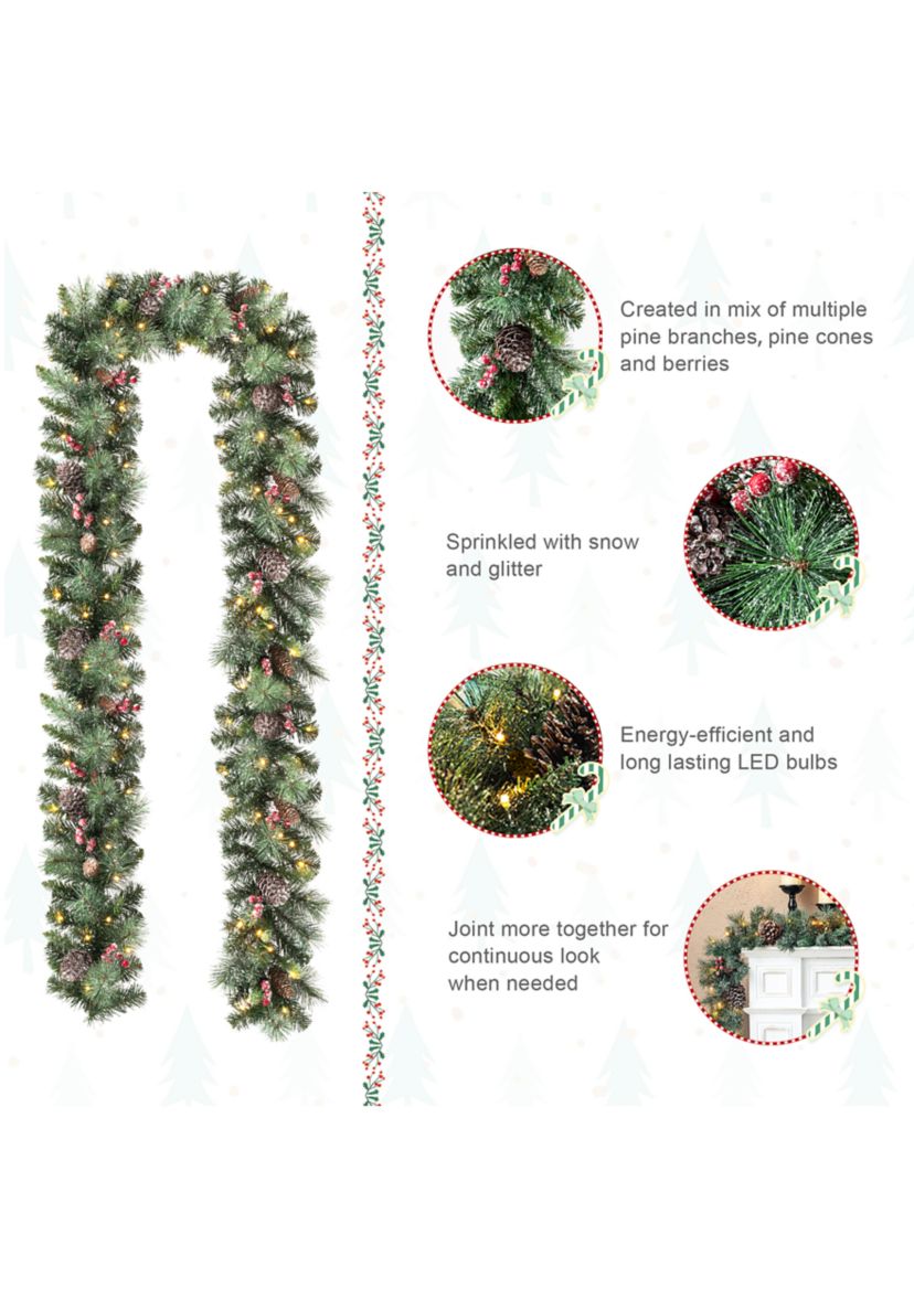 2PK 6-foot Glittered Pinecones and Berries Christmas Garland With 50 Warm White Lights and Timer