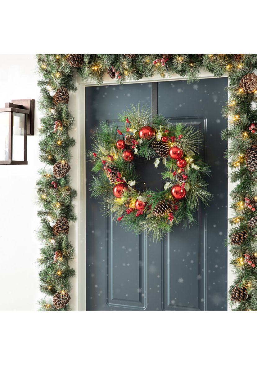 2PK 6-foot Glittered Pinecones and Berries Christmas Garland With 50 Warm White Lights and Timer