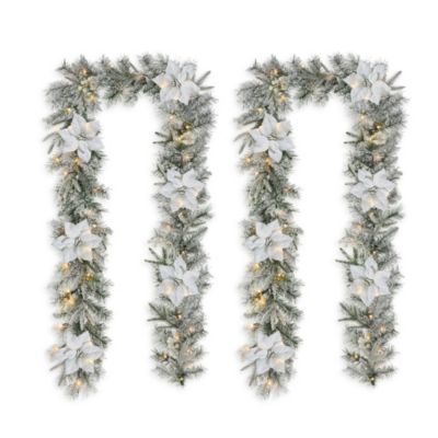 Glitzhome Set of 2 9ft Pre-Lit Snow Flocked Greenery Pine Poinsettia Christmas Garland, with 50 Warm White Lights with Timer, Three Function