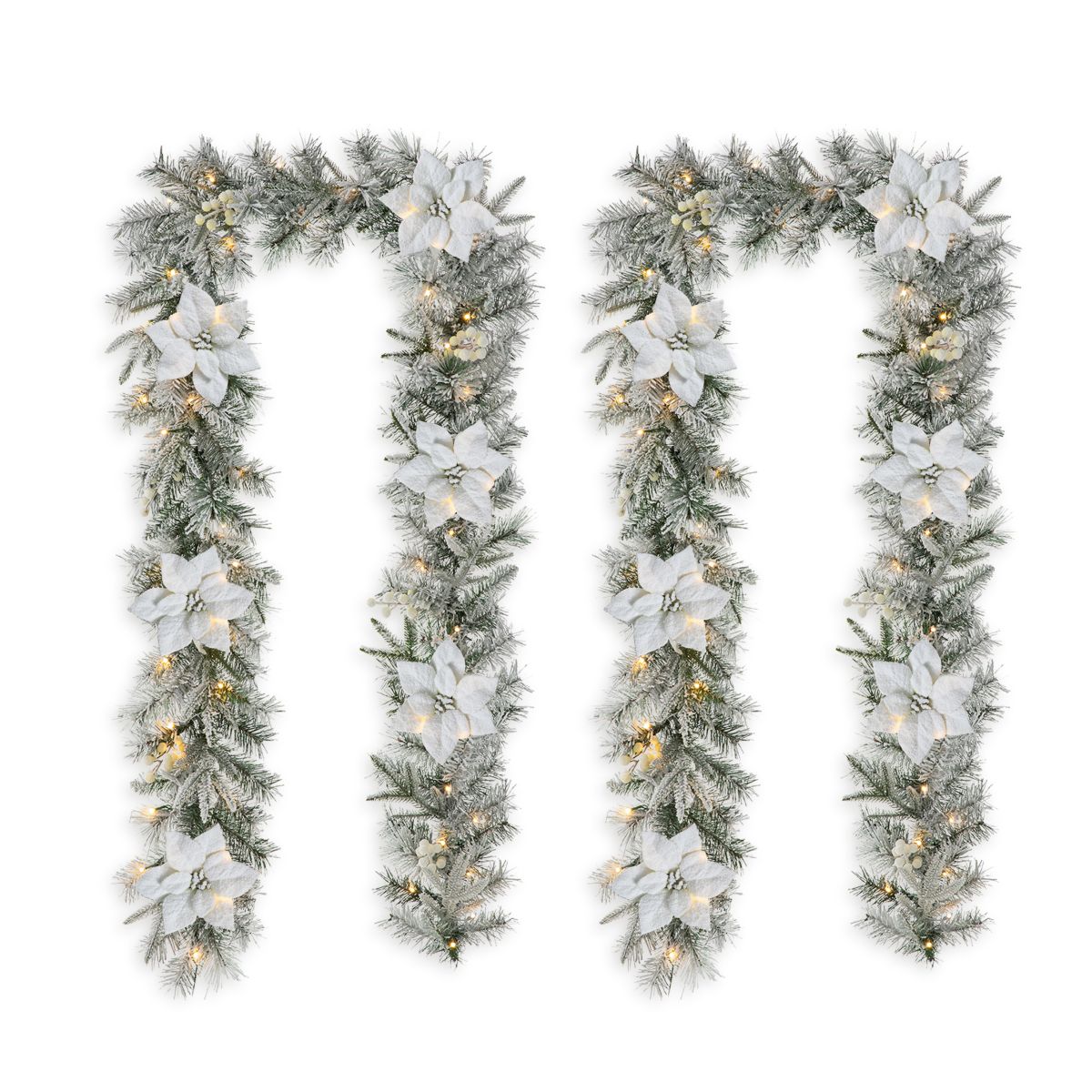 Set of 2 9ft Pre-Lit Snow Flocked Greenery Pine Poinsettia Christmas Garland, with 50 Warm White Lights with Timer, Three Function