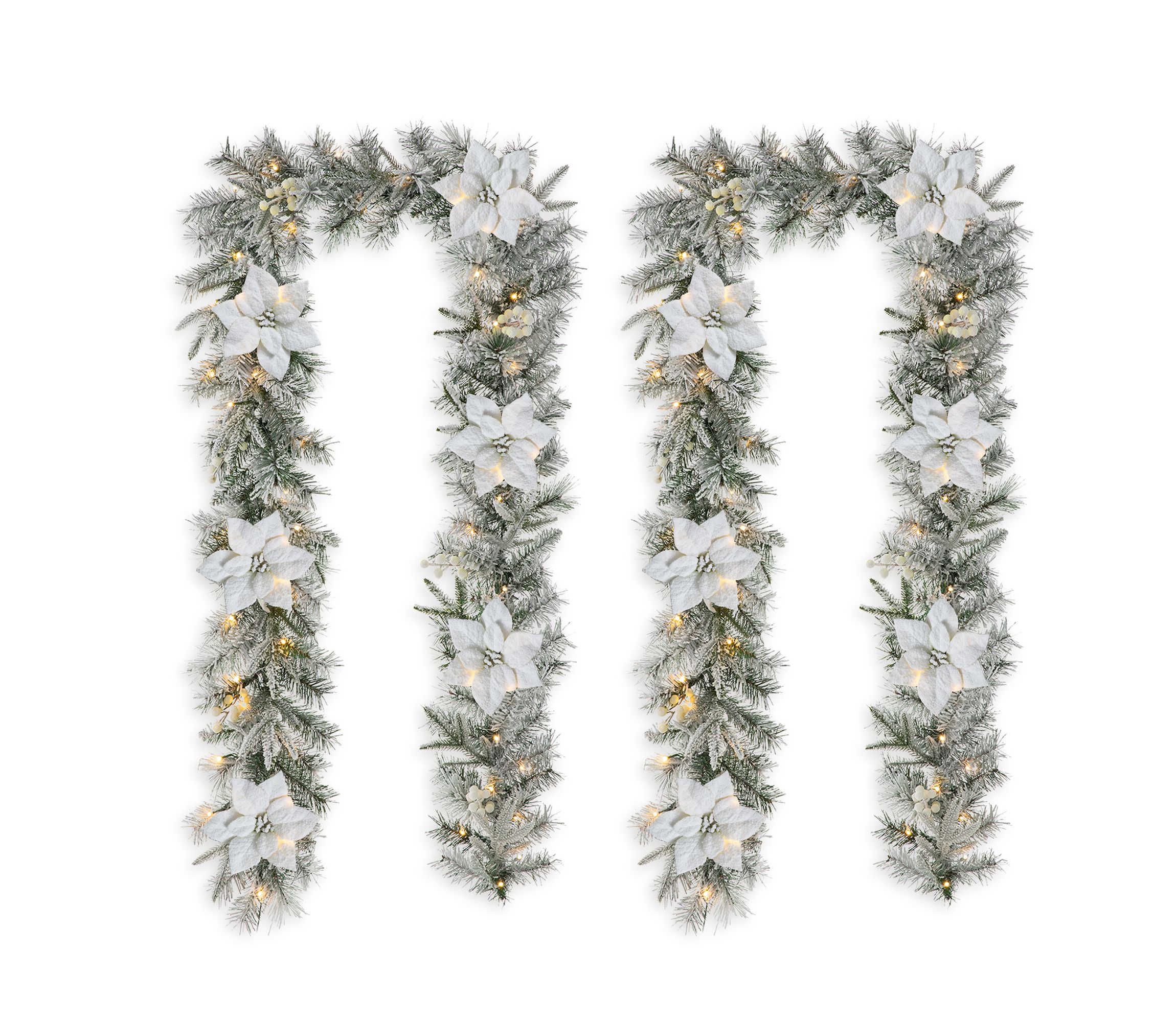 Set of 2 9ft Pre-Lit Snow Flocked Greenery Pine Poinsettia Christmas Garland, with 50 Warm White Lights with Timer, Three Function