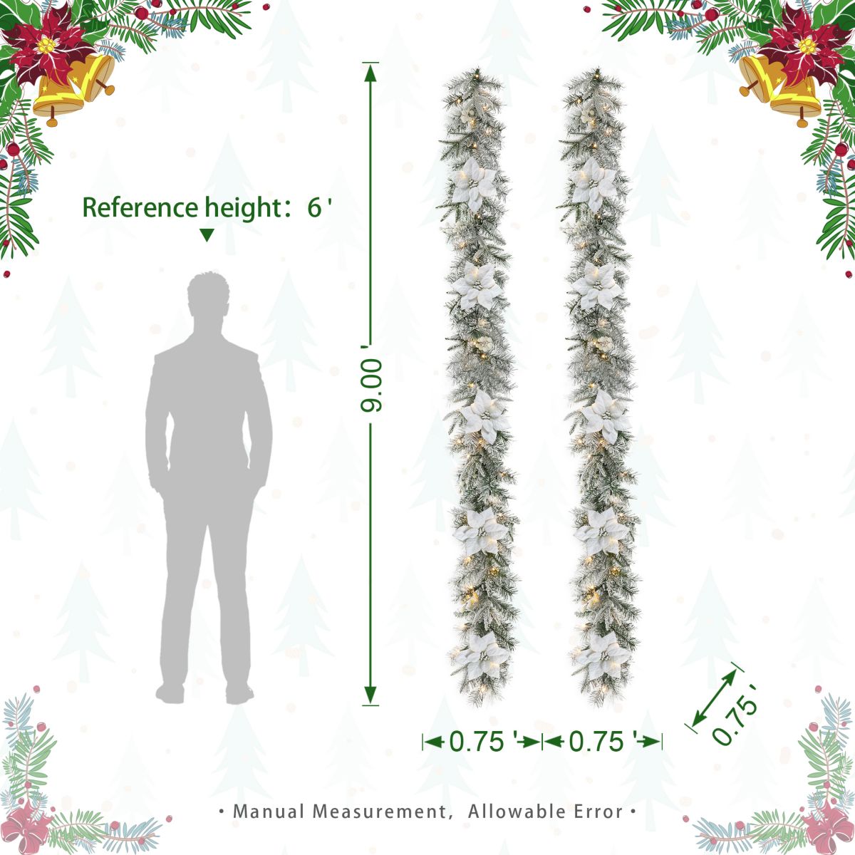 Set of 2 9ft Pre-Lit Snow Flocked Greenery Pine Poinsettia Christmas Garland, with 50 Warm White Lights with Timer, Three Function
