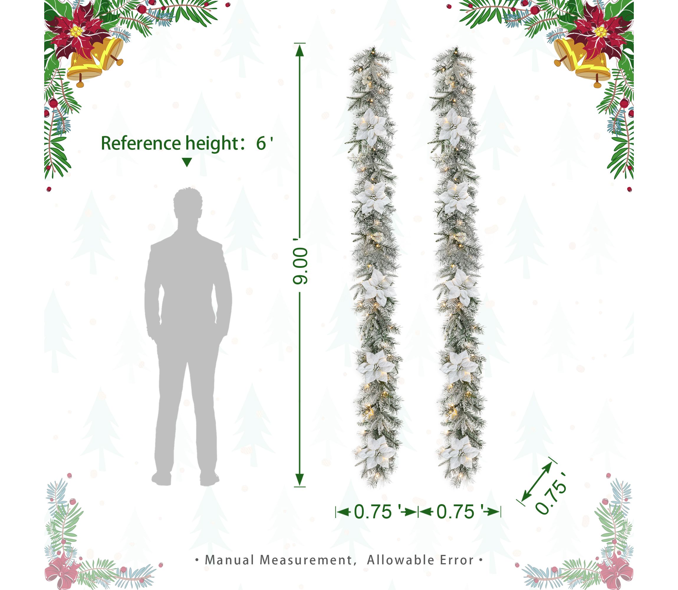 Set of 2 9ft Pre-Lit Snow Flocked Greenery Pine Poinsettia Christmas Garland, with 50 Warm White Lights with Timer, Three Function
