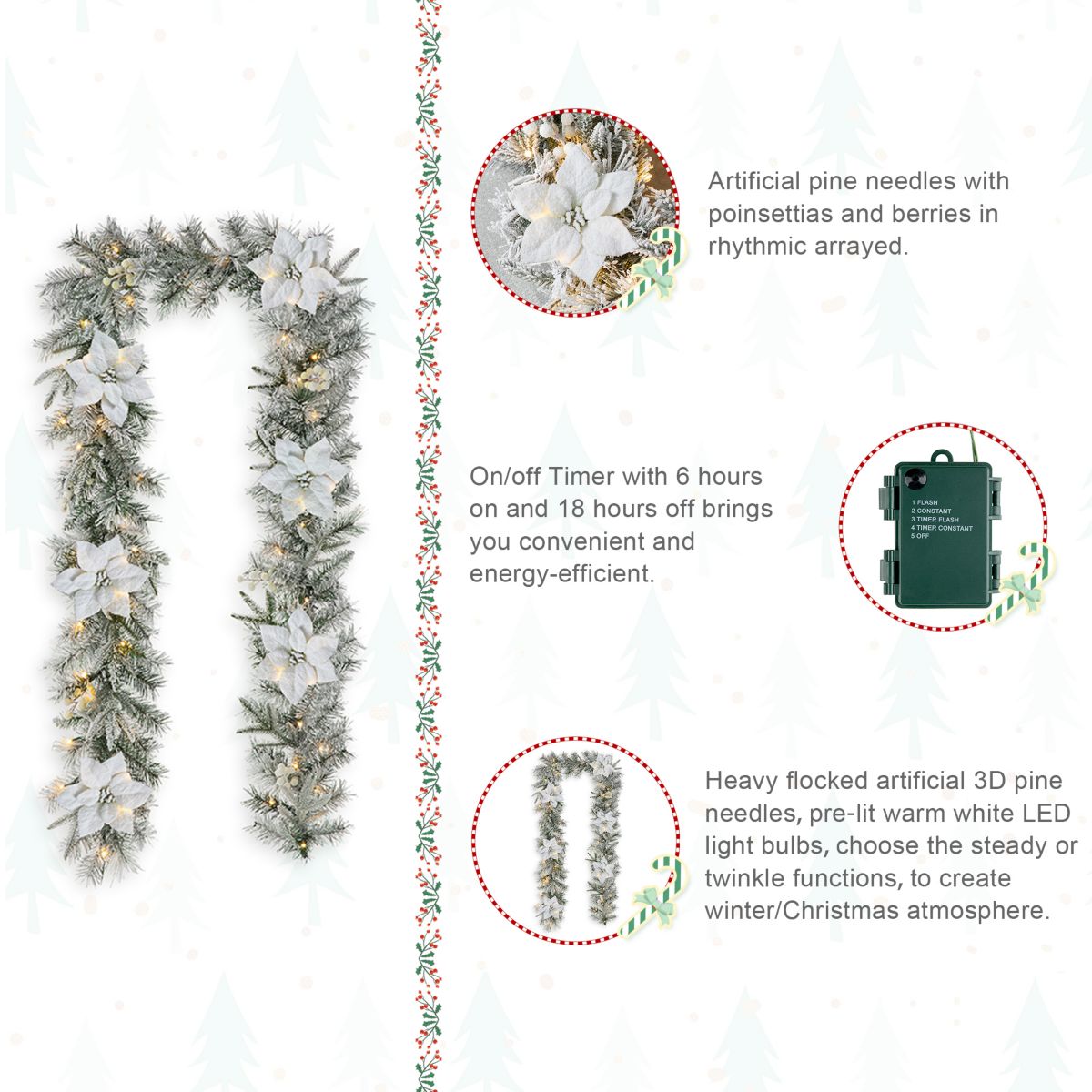 Set of 2 9ft Pre-Lit Snow Flocked Greenery Pine Poinsettia Christmas Garland, with 50 Warm White Lights with Timer, Three Function